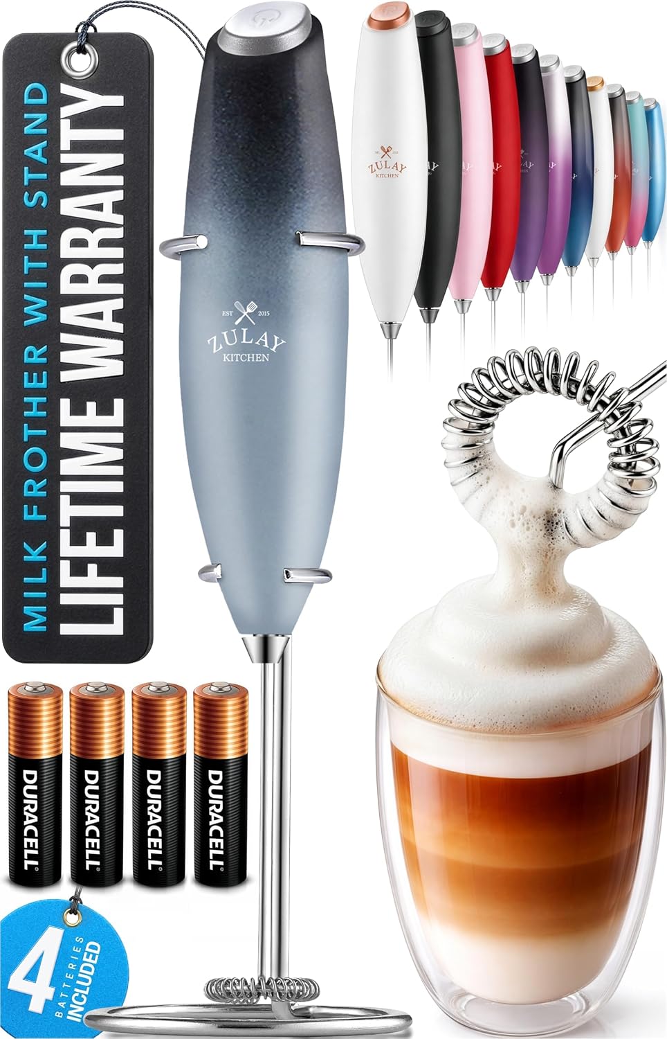 Zulay Kitchen Powerful Milk Frother Wand With Duracell Batteries - Ultra Fast Handheld Drink Mixer - Electric Whisk Foam Maker for Coffee, Lattes, Cappuccino & Matcha - Triple Whisk - Pale Cloud