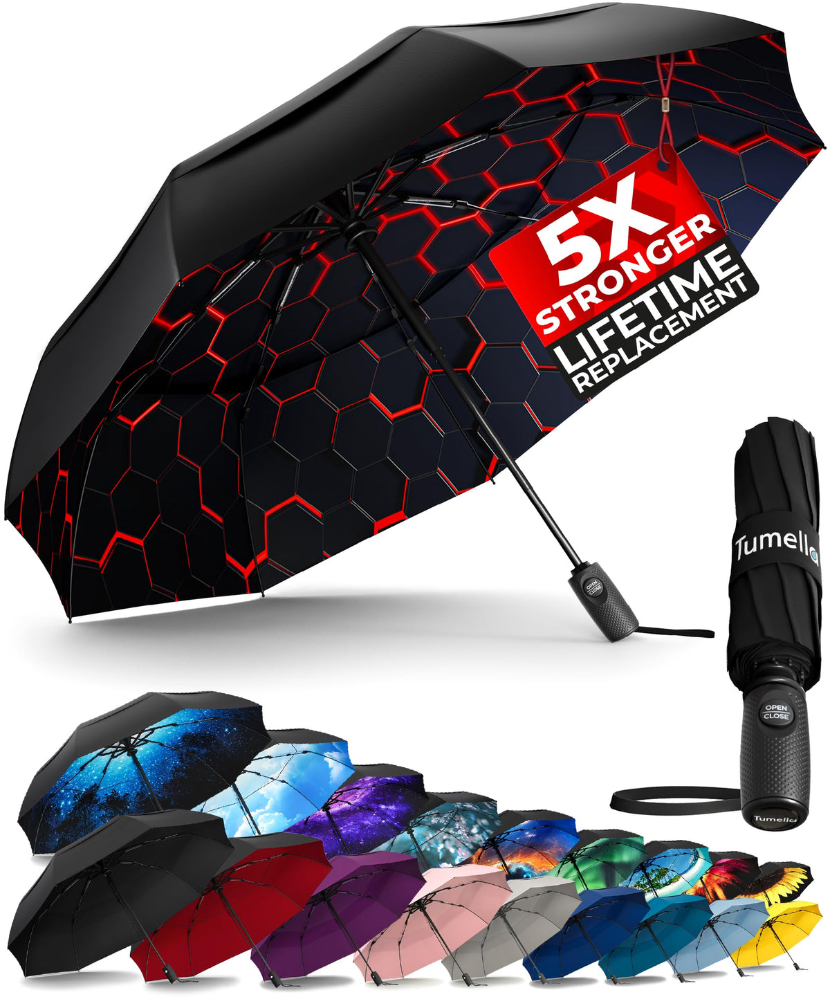 TUMELLA Strongest Windproof Travel Umbrella (Compact, 100MPH Wind-Tested), Light, Portable, One-Handed Use, Automatic Folding Rain Umbrella, Durable, Premium Grip, Fits Car & Backpack