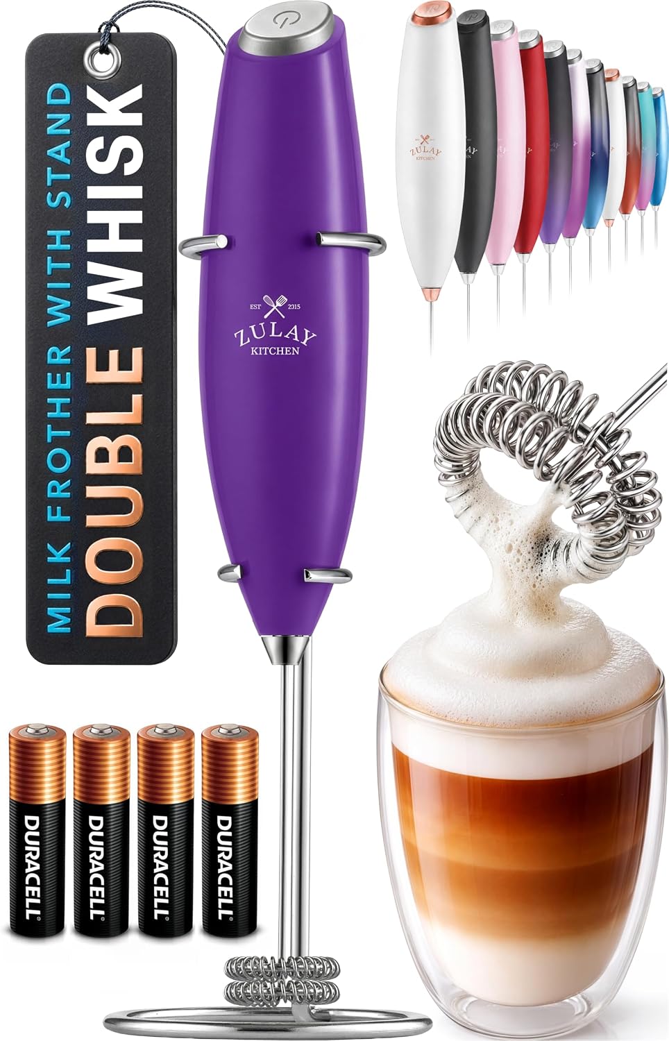 Zulay Kitchen Powerful Milk Frother Wand With Duracell Batteries - Ultra Fast Handheld Drink Mixer - Electric Whisk Foam Maker for Coffee, Lattes, Cappuccino & Matcha - Triple Whisk - Pale Cloud