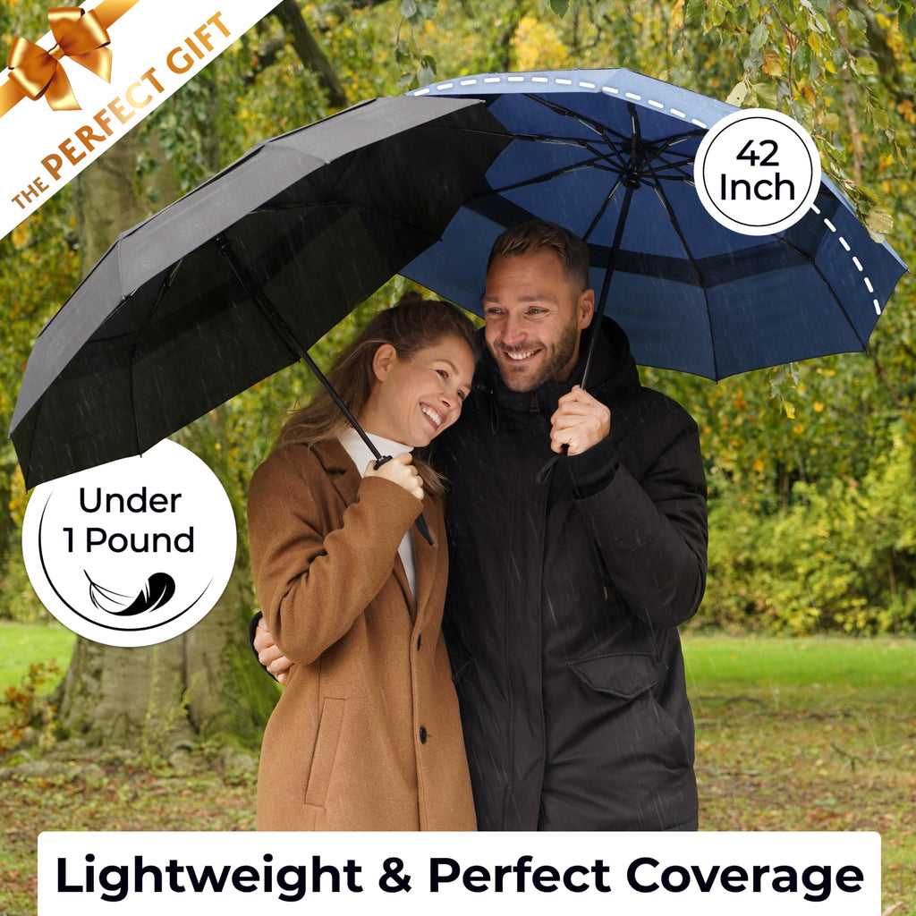 TUMELLA Strongest Windproof Travel Umbrella (Compact, 100MPH Wind-Tested), Light, Portable, One-Handed Use, Automatic Folding Rain Umbrella, Durable, Premium Grip, Fits Car & Backpack