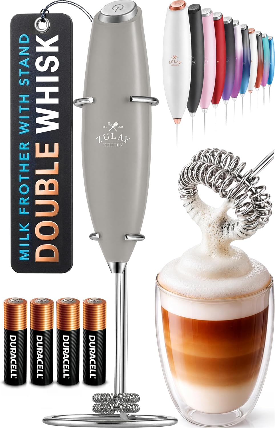 Zulay Kitchen Powerful Milk Frother Wand With Duracell Batteries - Ultra Fast Handheld Drink Mixer - Electric Whisk Foam Maker for Coffee, Lattes, Cappuccino & Matcha - Triple Whisk - Pale Cloud
