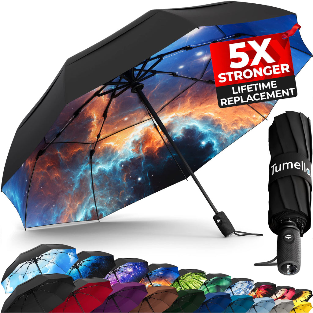 TUMELLA Strongest Windproof Travel Umbrella (Compact, 100MPH Wind-Tested), Light, Portable, One-Handed Use, Automatic Folding Rain Umbrella, Durable, Premium Grip, Fits Car & Backpack