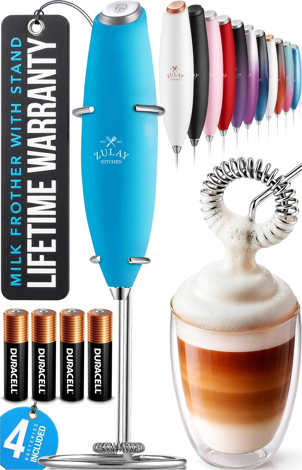 Zulay Kitchen Powerful Milk Frother Wand With Duracell Batteries - Ultra Fast Handheld Drink Mixer - Electric Whisk Foam Maker for Coffee, Lattes, Cappuccino & Matcha - Triple Whisk - Pale Cloud