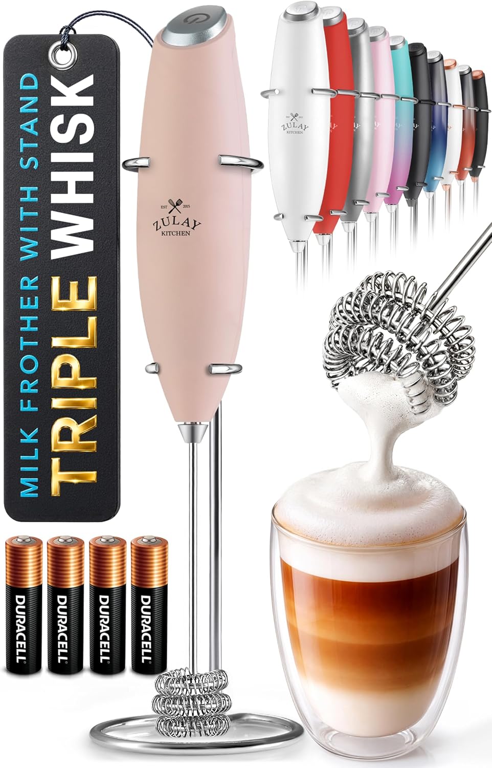 Zulay Kitchen Powerful Milk Frother Wand With Duracell Batteries - Ultra Fast Handheld Drink Mixer - Electric Whisk Foam Maker for Coffee, Lattes, Cappuccino & Matcha - Triple Whisk - Pale Cloud