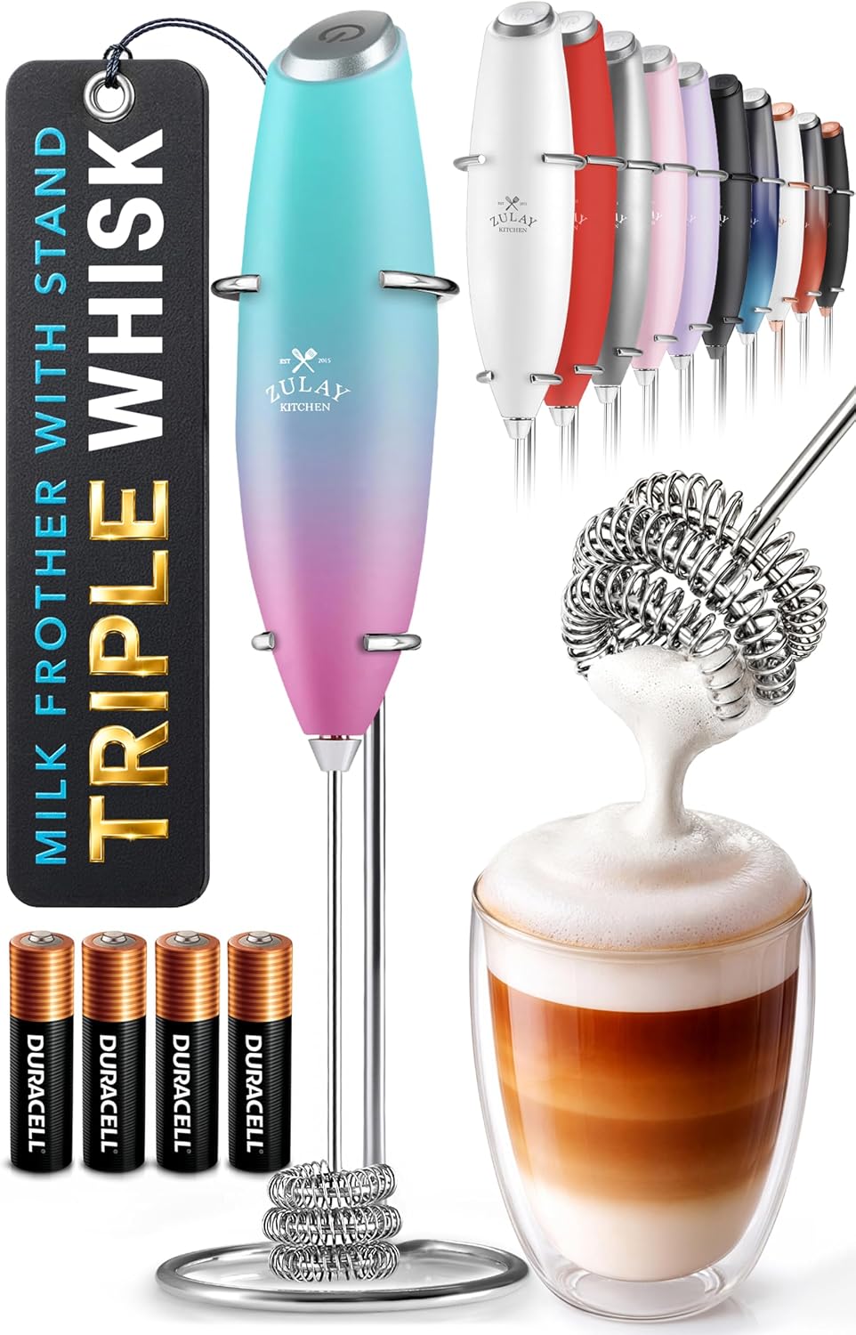 Zulay Kitchen Powerful Milk Frother Wand With Duracell Batteries - Ultra Fast Handheld Drink Mixer - Electric Whisk Foam Maker for Coffee, Lattes, Cappuccino & Matcha - Triple Whisk - Pale Cloud