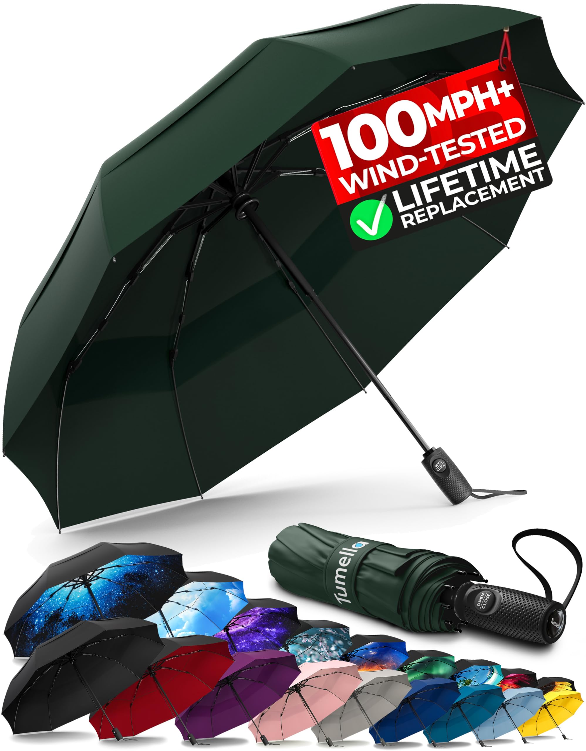 TUMELLA Strongest Windproof Travel Umbrella (Compact, 100MPH Wind-Tested), Light, Portable, One-Handed Use, Automatic Folding Rain Umbrella, Durable, Premium Grip, Fits Car & Backpack