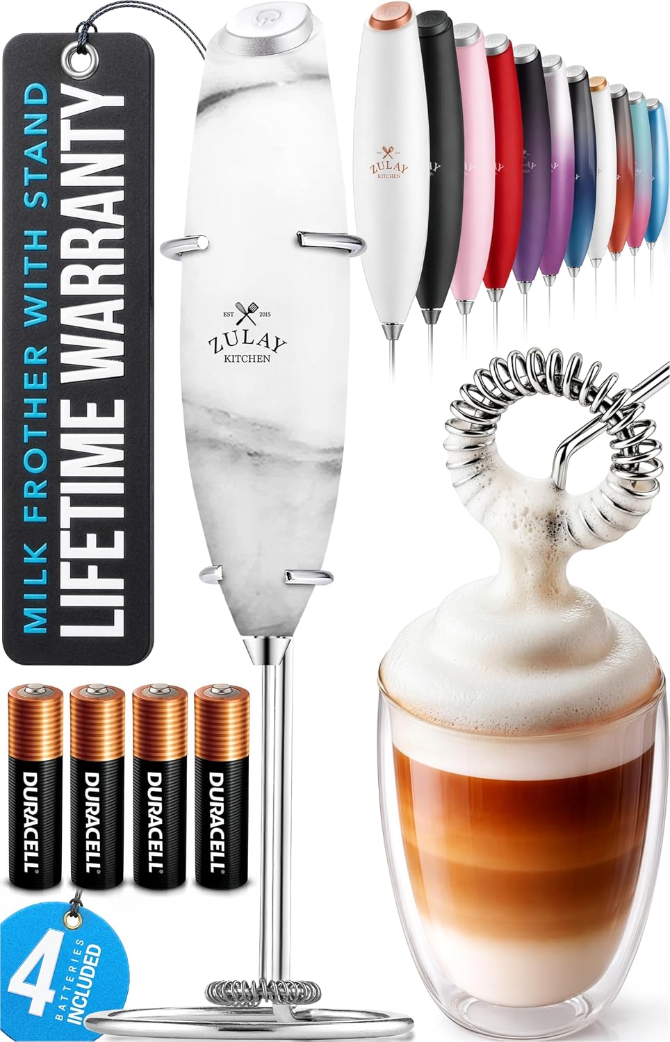 Zulay Kitchen Powerful Milk Frother Wand With Duracell Batteries - Ultra Fast Handheld Drink Mixer - Electric Whisk Foam Maker for Coffee, Lattes, Cappuccino & Matcha - Triple Whisk - Pale Cloud