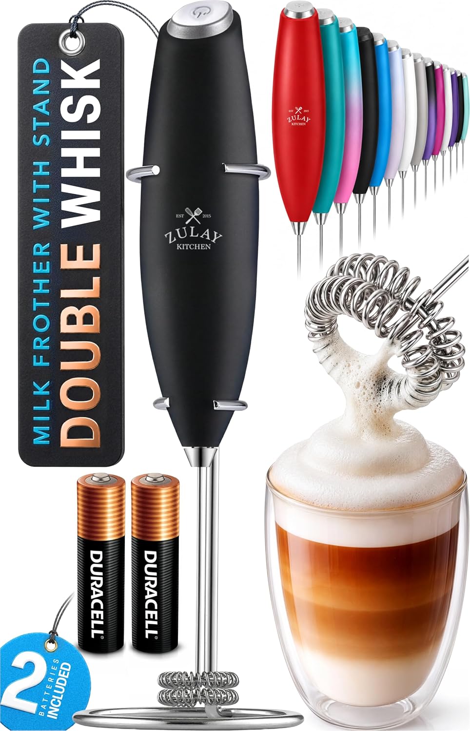 Zulay Kitchen Powerful Milk Frother Wand With Duracell Batteries - Ultra Fast Handheld Drink Mixer - Electric Whisk Foam Maker for Coffee, Lattes, Cappuccino & Matcha - Triple Whisk - Pale Cloud