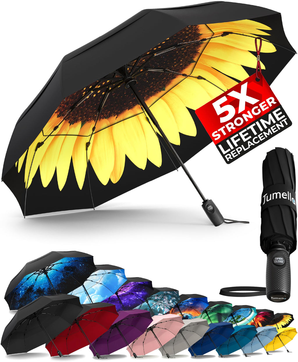TUMELLA Strongest Windproof Travel Umbrella (Compact, 100MPH Wind-Tested), Light, Portable, One-Handed Use, Automatic Folding Rain Umbrella, Durable, Premium Grip, Fits Car & Backpack
