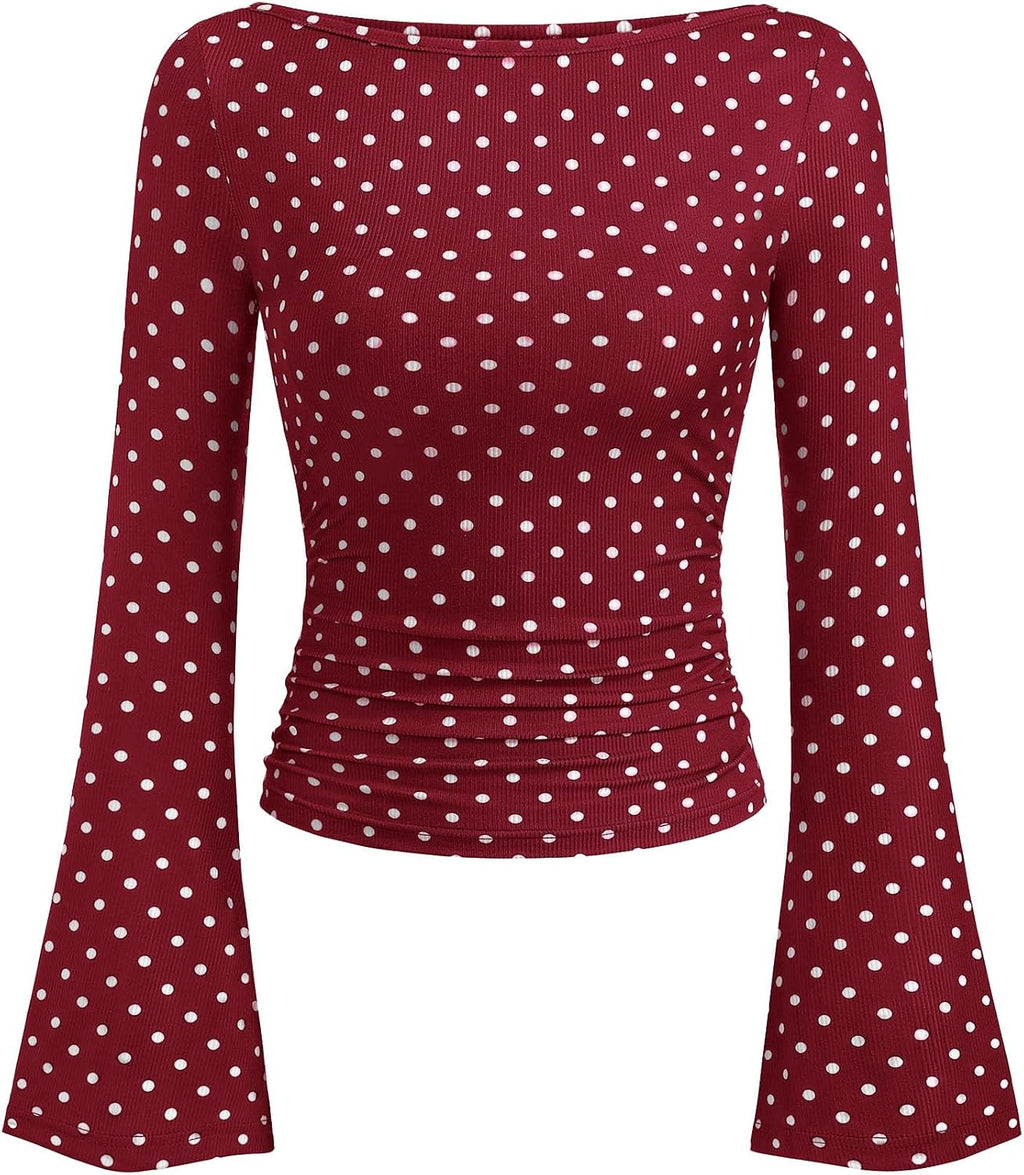 PRETTYGARDEN Womens Bell Long Sleeve Ribbed Knit Tops