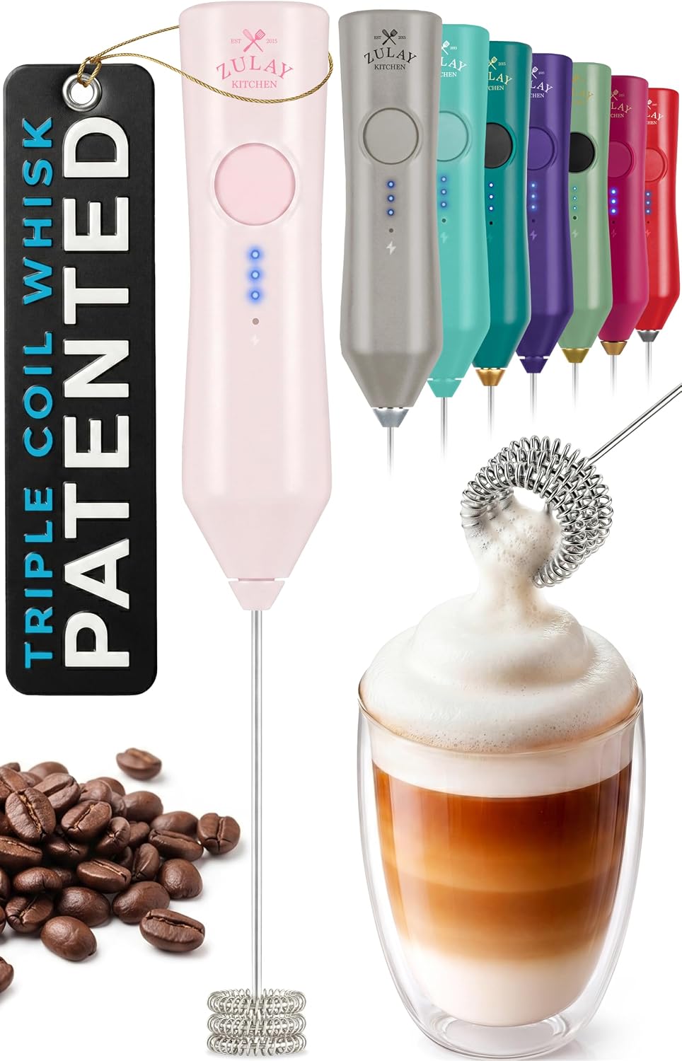 Zulay Kitchen Powerful Milk Frother Wand With Duracell Batteries - Ultra Fast Handheld Drink Mixer - Electric Whisk Foam Maker for Coffee, Lattes, Cappuccino & Matcha - Triple Whisk - Pale Cloud