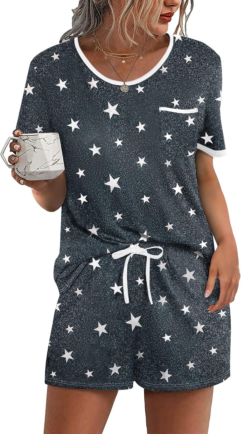 Ekouaer Pajamas for Womens Set 2 Piece Soft Sleepwear, Chest Pocket | Comfy Pjs, Casual Lounge Set, Short Sleeve Tops and Drawstring Shorts, Loungewear for Spring Summer Fall Winter