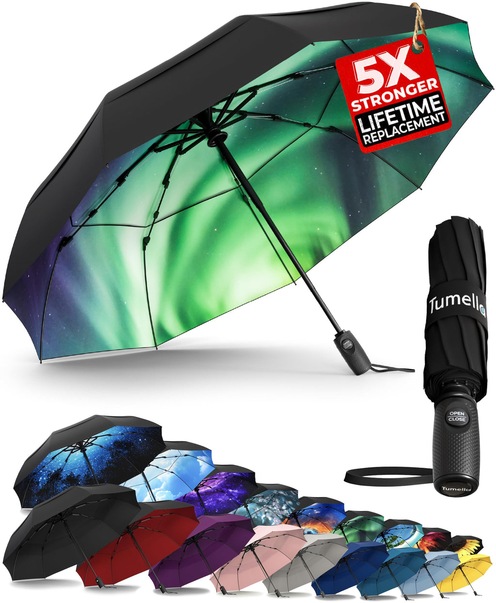 TUMELLA Strongest Windproof Travel Umbrella (Compact, 100MPH Wind-Tested), Light, Portable, One-Handed Use, Automatic Folding Rain Umbrella, Durable, Premium Grip, Fits Car & Backpack