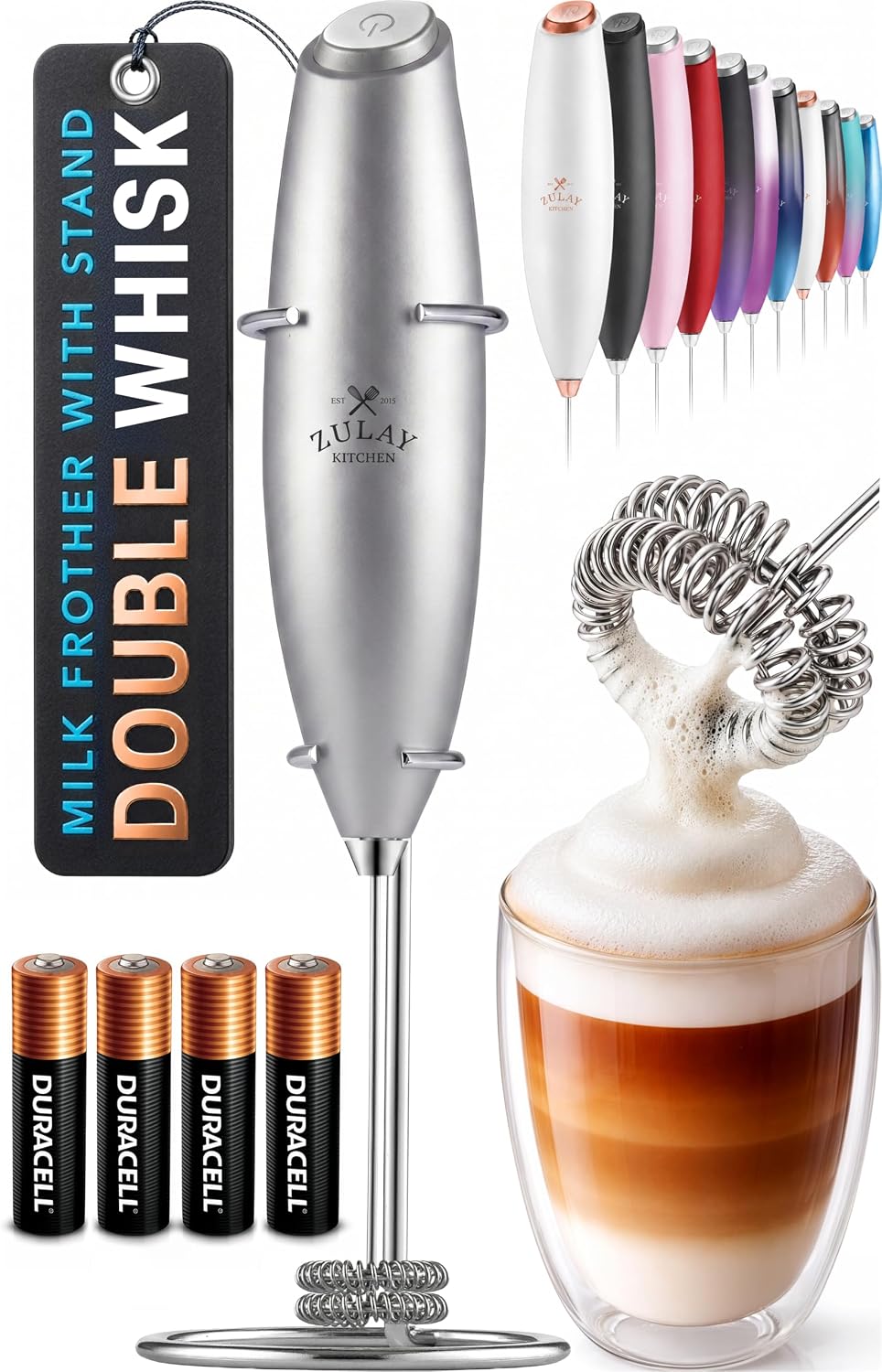 Zulay Kitchen Powerful Milk Frother Wand With Duracell Batteries - Ultra Fast Handheld Drink Mixer - Electric Whisk Foam Maker for Coffee, Lattes, Cappuccino & Matcha - Triple Whisk - Pale Cloud
