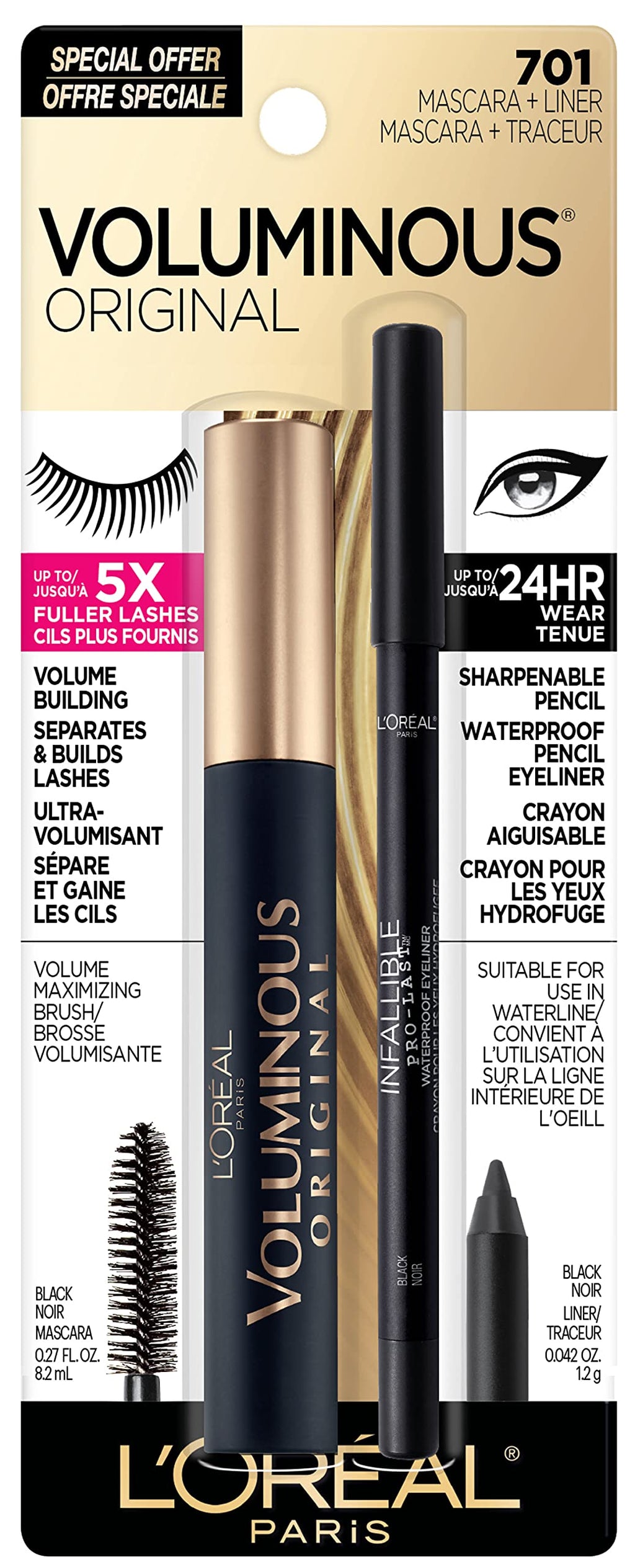 L’Oreal Paris Original Voluminous Mascara, Building Mascara Volume and Length Formula, Washable, Blackest Black, 0.26 Fl Oz., 1 Count