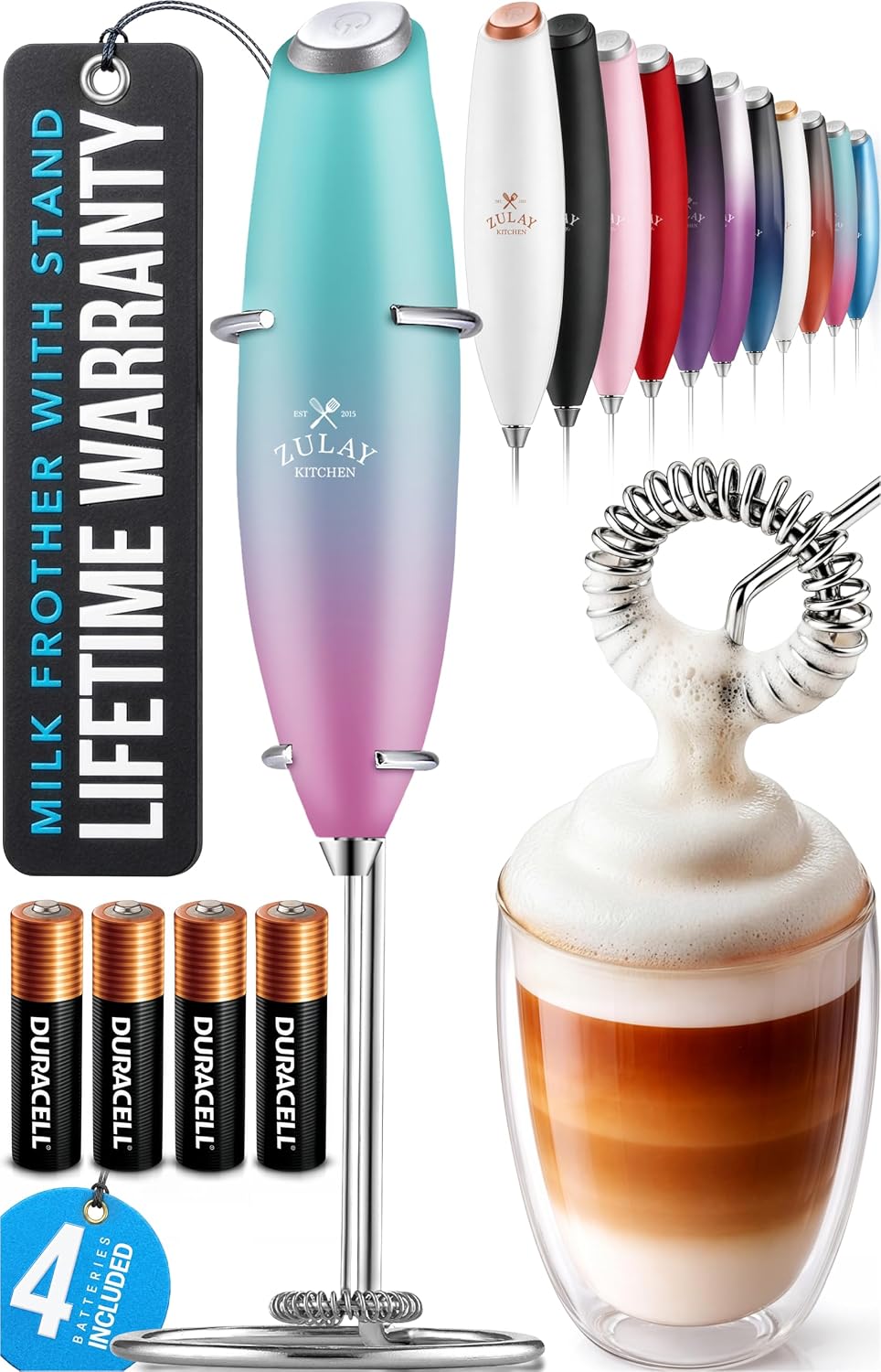 Zulay Kitchen Powerful Milk Frother Wand With Duracell Batteries - Ultra Fast Handheld Drink Mixer - Electric Whisk Foam Maker for Coffee, Lattes, Cappuccino & Matcha - Triple Whisk - Pale Cloud