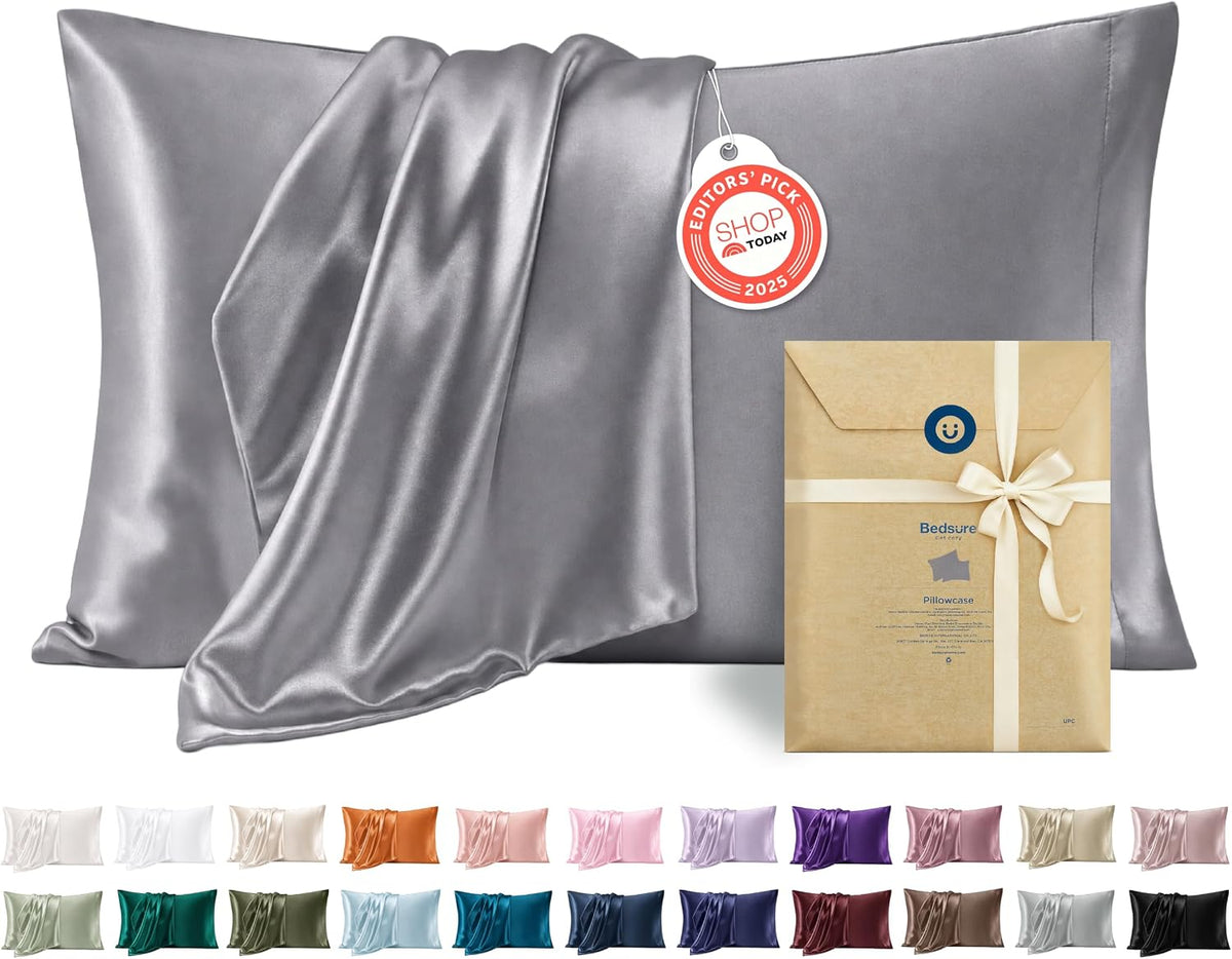 Bedsure Satin Pillowcase, Similar to Silk Pillow Cases Queen Size Set of 2, Cooling Pillow Case Covers with Envelope Closure, Room Decor Gifts for Women Men, Silver Grey, 20x30 Inches, 2pcs