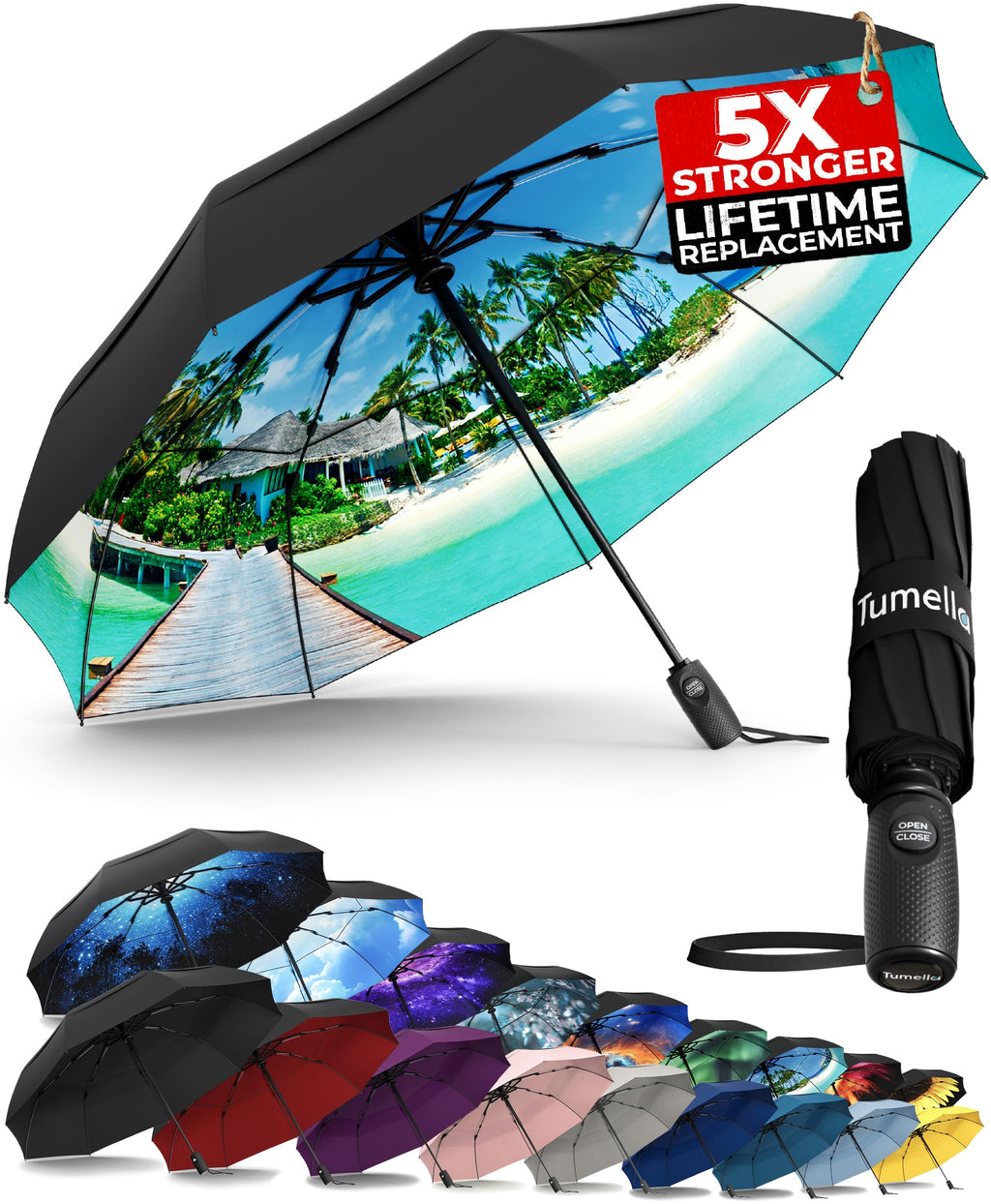 TUMELLA Strongest Windproof Travel Umbrella (Compact, 100MPH Wind-Tested), Light, Portable, One-Handed Use, Automatic Folding Rain Umbrella, Durable, Premium Grip, Fits Car & Backpack