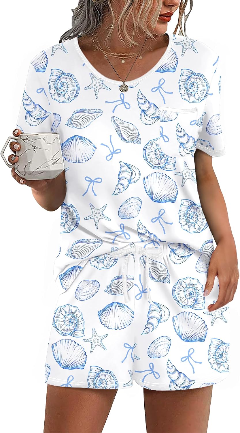 Ekouaer Pajamas for Womens Set 2 Piece Soft Sleepwear, Chest Pocket | Comfy Pjs, Casual Lounge Set, Short Sleeve Tops and Drawstring Shorts, Loungewear for Spring Summer Fall Winter