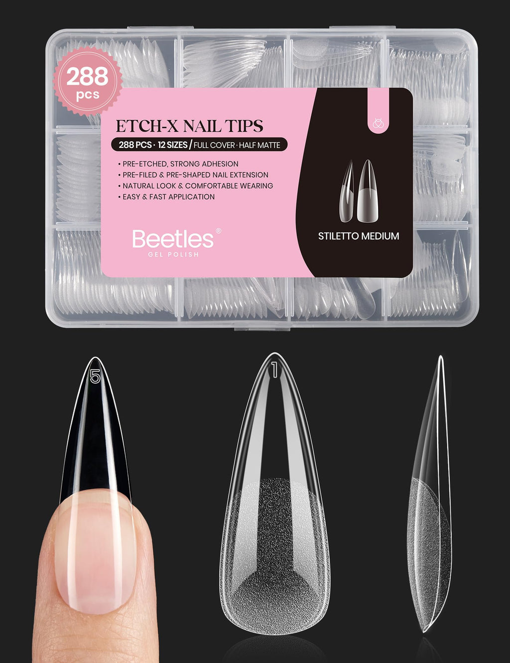Beetles Soft Gel Nail Tips Short Almond 288pcs in 12 Sizes Etch-X | Pre-Etched Full Cover Acrylic Fake Nails, Salon Quality Nail Supplies, Easy DIY Extension Press On Nails, Gift for Women