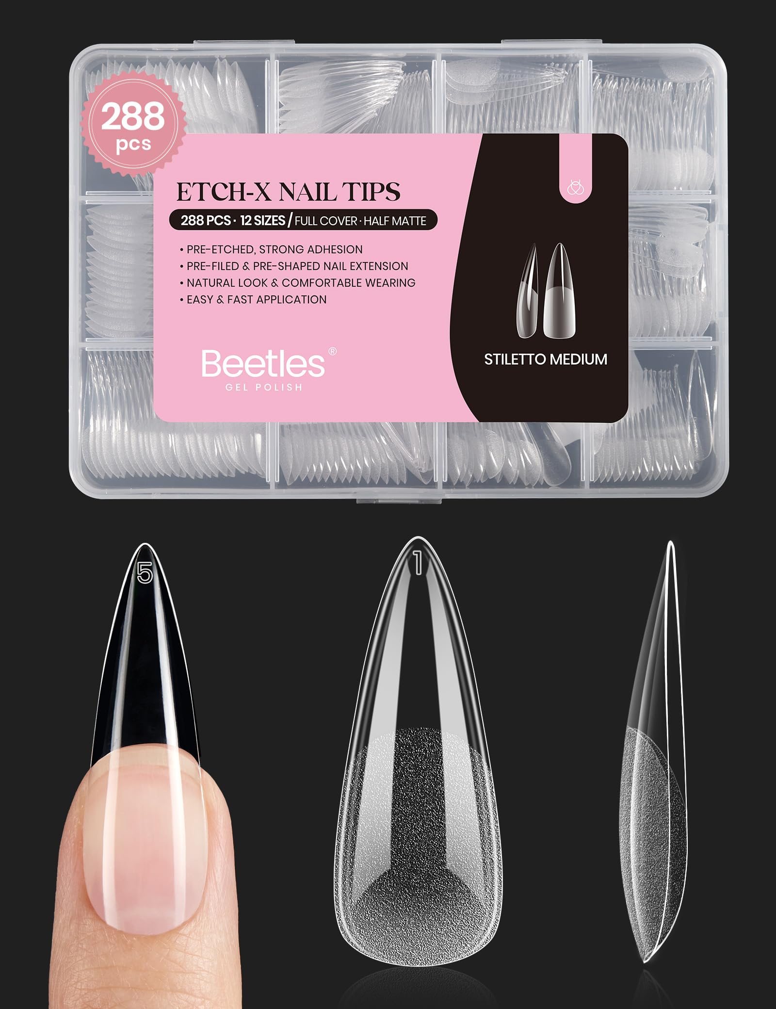 Beetles Soft Gel Nail Tips Short Almond 288pcs in 12 Sizes Etch-X | Pre-Etched Full Cover Acrylic Fake Nails, Salon Quality Nail Supplies, Easy DIY Extension Press On Nails, Gift for Women