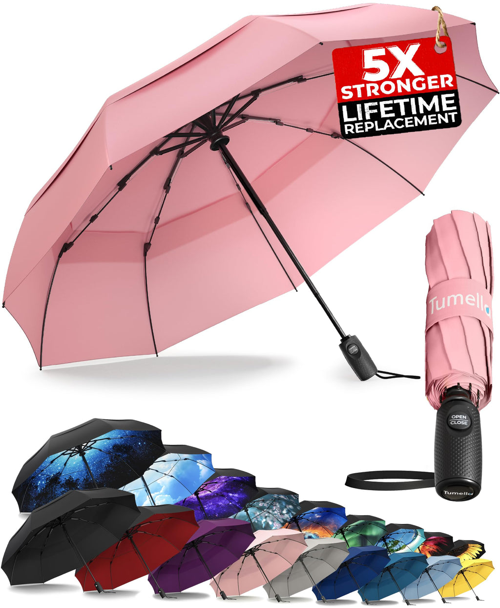 TUMELLA Strongest Windproof Travel Umbrella (Compact, 100MPH Wind-Tested), Light, Portable, One-Handed Use, Automatic Folding Rain Umbrella, Durable, Premium Grip, Fits Car & Backpack