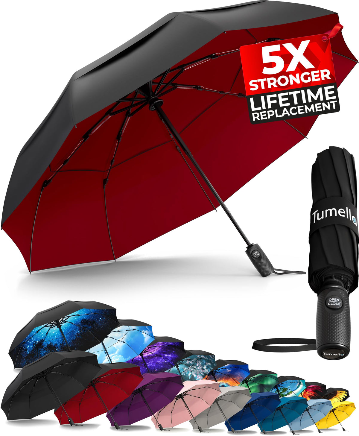 TUMELLA Strongest Windproof Travel Umbrella (Compact, 100MPH Wind-Tested), Light, Portable, One-Handed Use, Automatic Folding Rain Umbrella, Durable, Premium Grip, Fits Car & Backpack