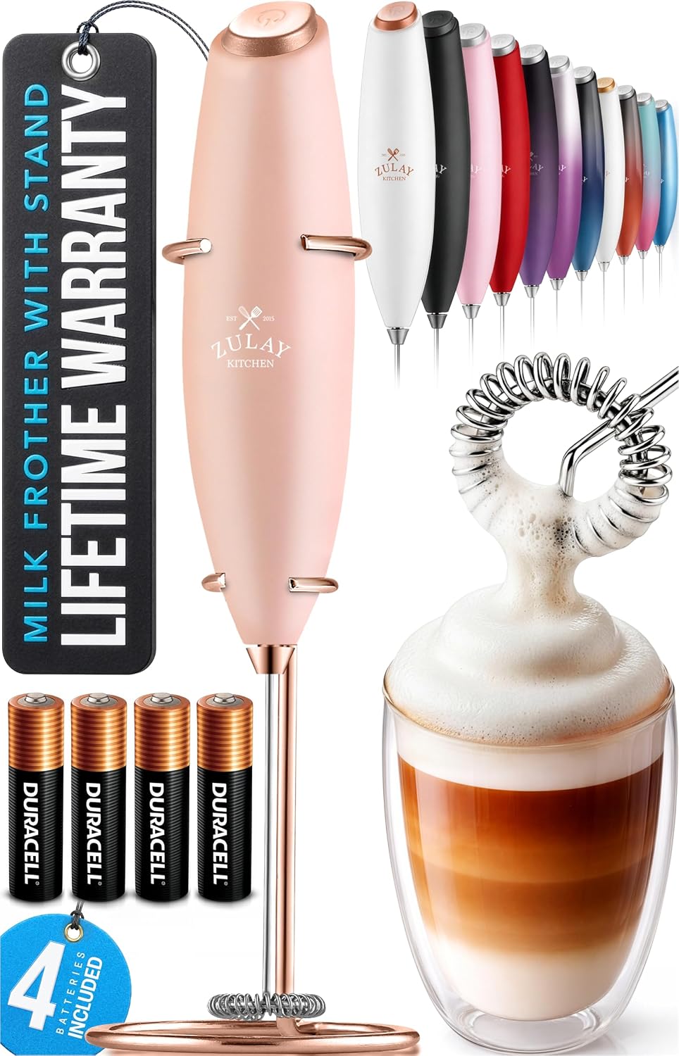Zulay Kitchen Powerful Milk Frother Wand With Duracell Batteries - Ultra Fast Handheld Drink Mixer - Electric Whisk Foam Maker for Coffee, Lattes, Cappuccino & Matcha - Triple Whisk - Pale Cloud