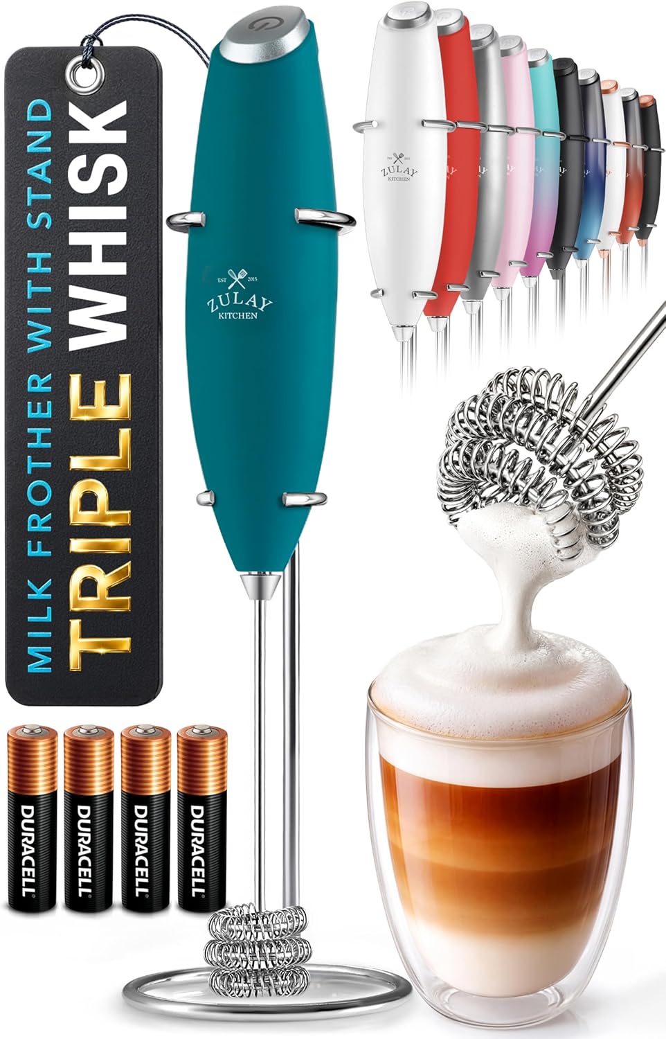 Zulay Kitchen Powerful Milk Frother Wand With Duracell Batteries - Ultra Fast Handheld Drink Mixer - Electric Whisk Foam Maker for Coffee, Lattes, Cappuccino & Matcha - Triple Whisk - Pale Cloud