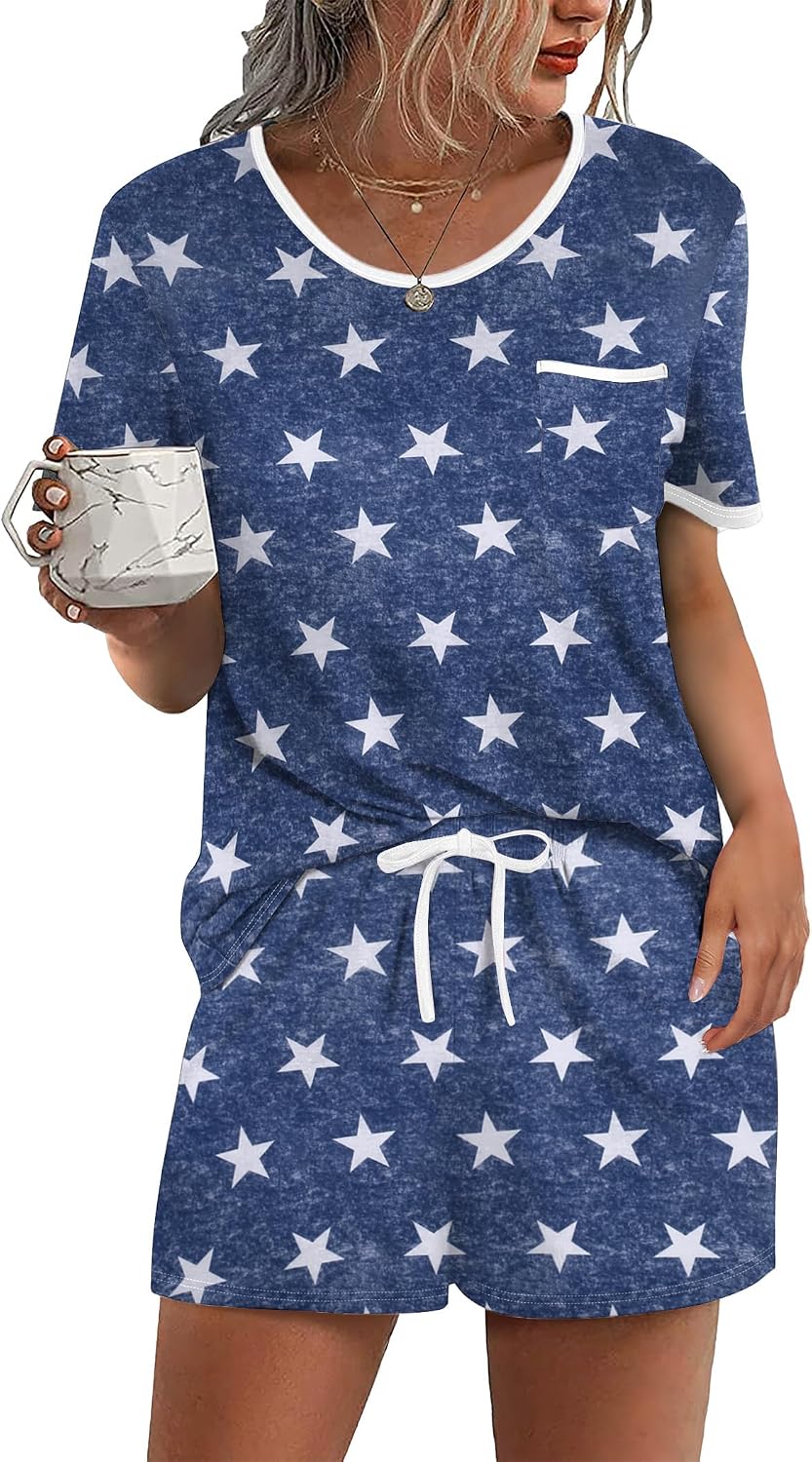 Ekouaer Pajamas for Womens Set 2 Piece Soft Sleepwear, Chest Pocket | Comfy Pjs, Casual Lounge Set, Short Sleeve Tops and Drawstring Shorts, Loungewear for Spring Summer Fall Winter