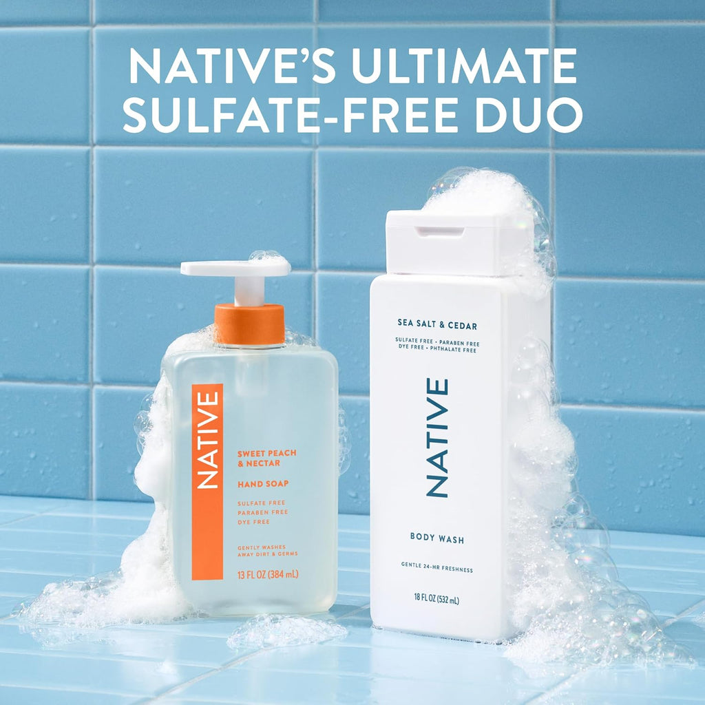 Native Clean Body Wash, Gentle & pH-balanced for Sensitive Skin, 24-Hr Freshness for Men & Women, Vegan & Cruelty-Free, Free of Sulfates, Parabens & Phthalates, Sea Salt & Cedar, 18 fl oz