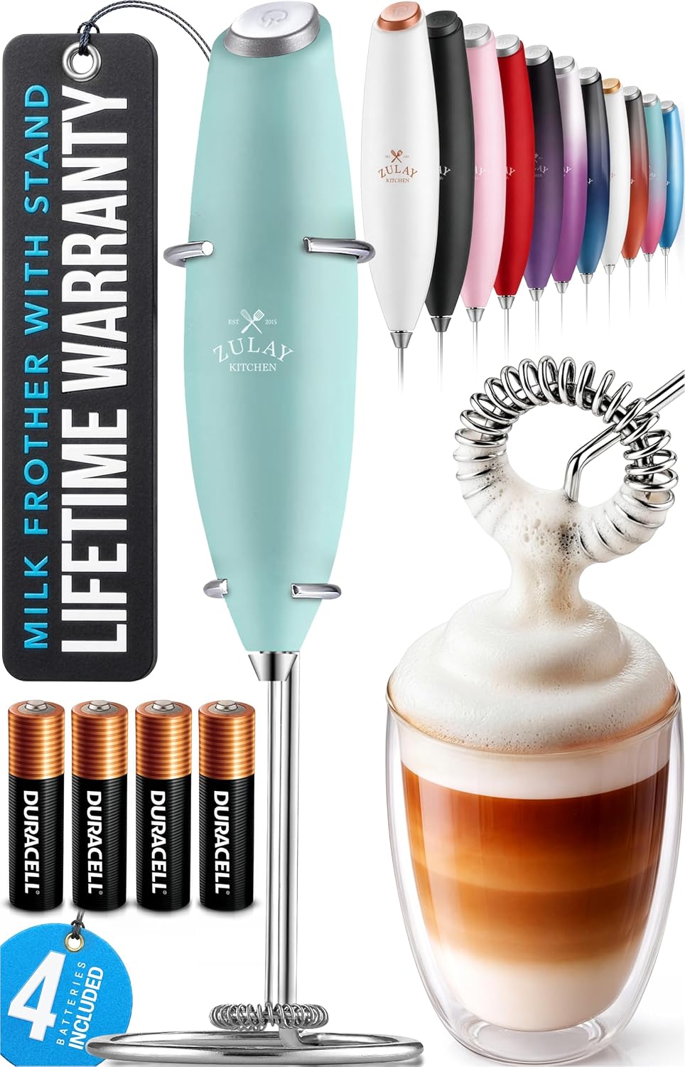Zulay Kitchen Powerful Milk Frother Wand With Duracell Batteries - Ultra Fast Handheld Drink Mixer - Electric Whisk Foam Maker for Coffee, Lattes, Cappuccino & Matcha - Triple Whisk - Pale Cloud