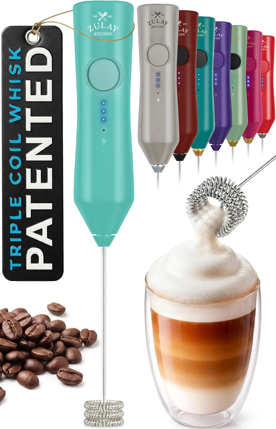 Zulay Kitchen Powerful Milk Frother Wand With Duracell Batteries - Ultra Fast Handheld Drink Mixer - Electric Whisk Foam Maker for Coffee, Lattes, Cappuccino & Matcha - Triple Whisk - Pale Cloud