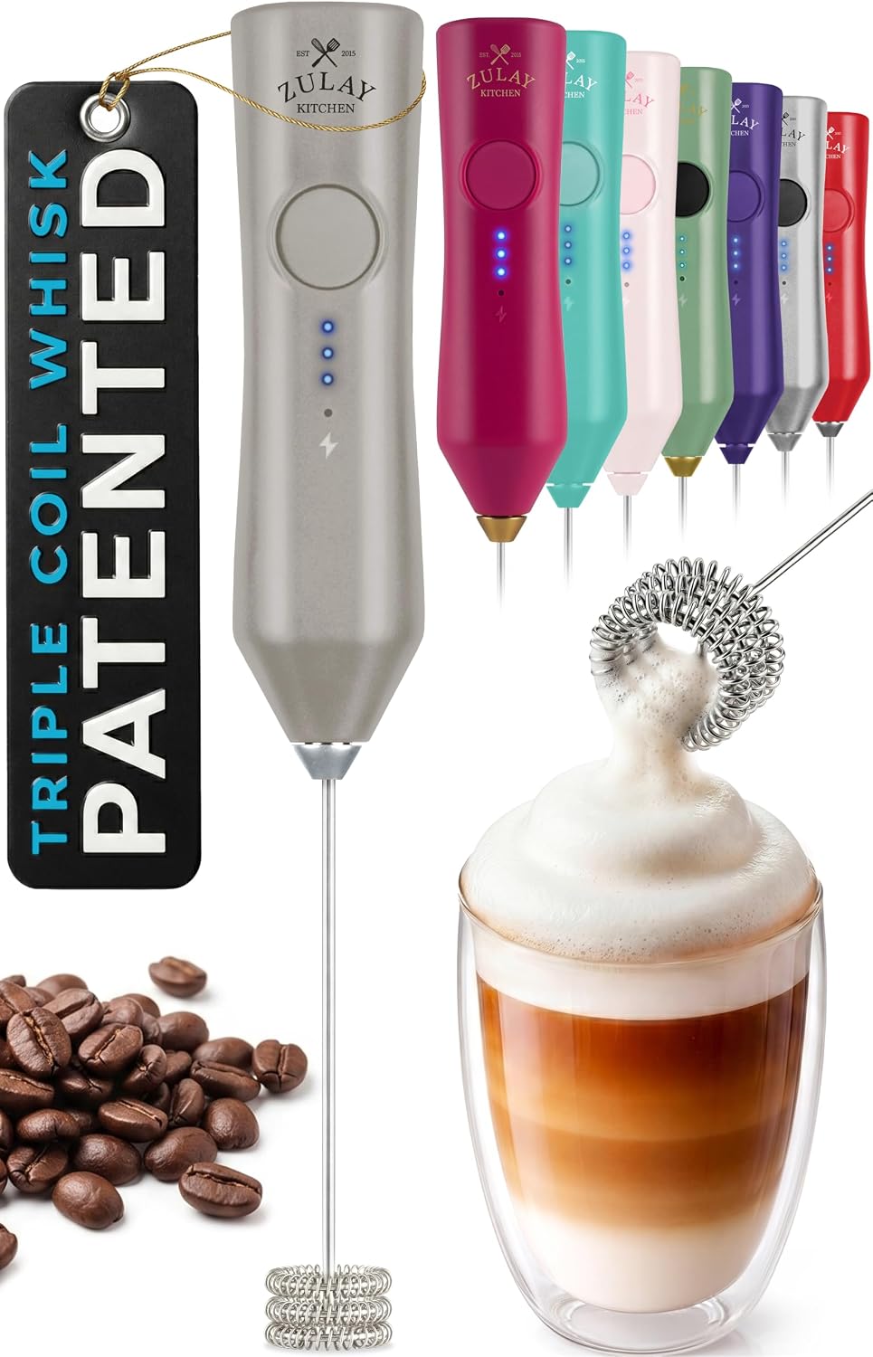 Zulay Kitchen Powerful Milk Frother Wand With Duracell Batteries - Ultra Fast Handheld Drink Mixer - Electric Whisk Foam Maker for Coffee, Lattes, Cappuccino & Matcha - Triple Whisk - Pale Cloud