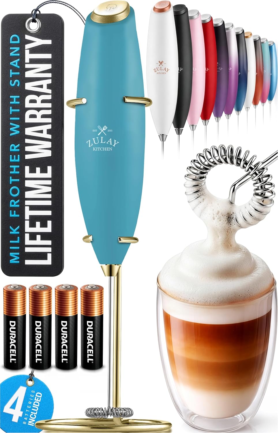 Zulay Kitchen Powerful Milk Frother Wand With Duracell Batteries - Ultra Fast Handheld Drink Mixer - Electric Whisk Foam Maker for Coffee, Lattes, Cappuccino & Matcha - Triple Whisk - Pale Cloud