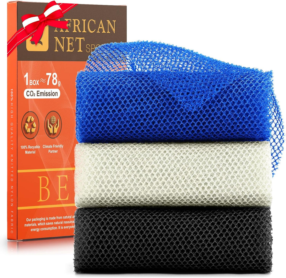 UJFQBH African Net Sponge Authenti, Exfoliating Body Scrubber for Back and Hard to Reach Areas, Gentle Daily Exfoliation for Deep Cleansing, Quick Drying Shower Essential, Aqua Grey 3 Pack