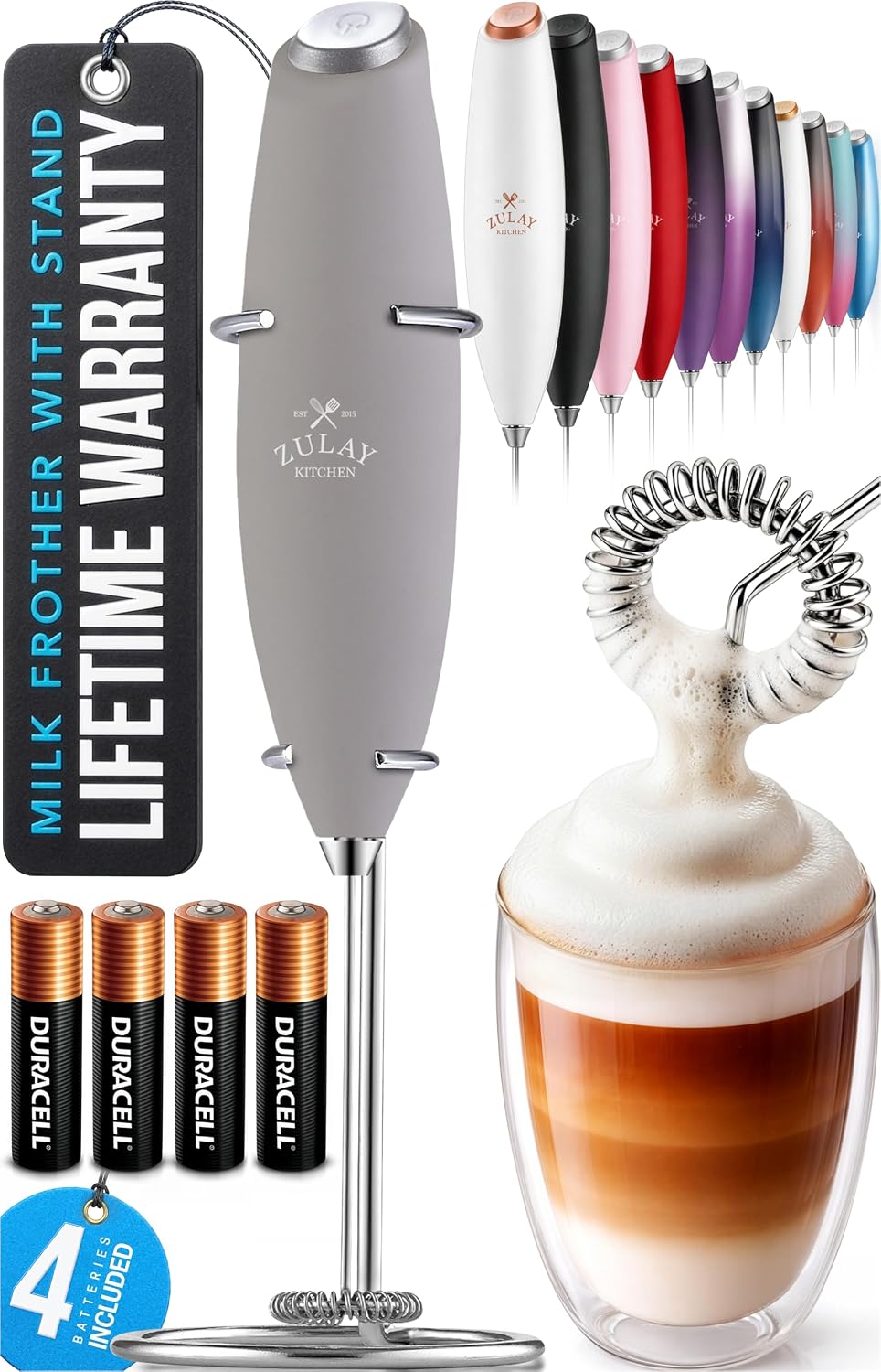 Zulay Kitchen Powerful Milk Frother Wand With Duracell Batteries - Ultra Fast Handheld Drink Mixer - Electric Whisk Foam Maker for Coffee, Lattes, Cappuccino & Matcha - Triple Whisk - Pale Cloud