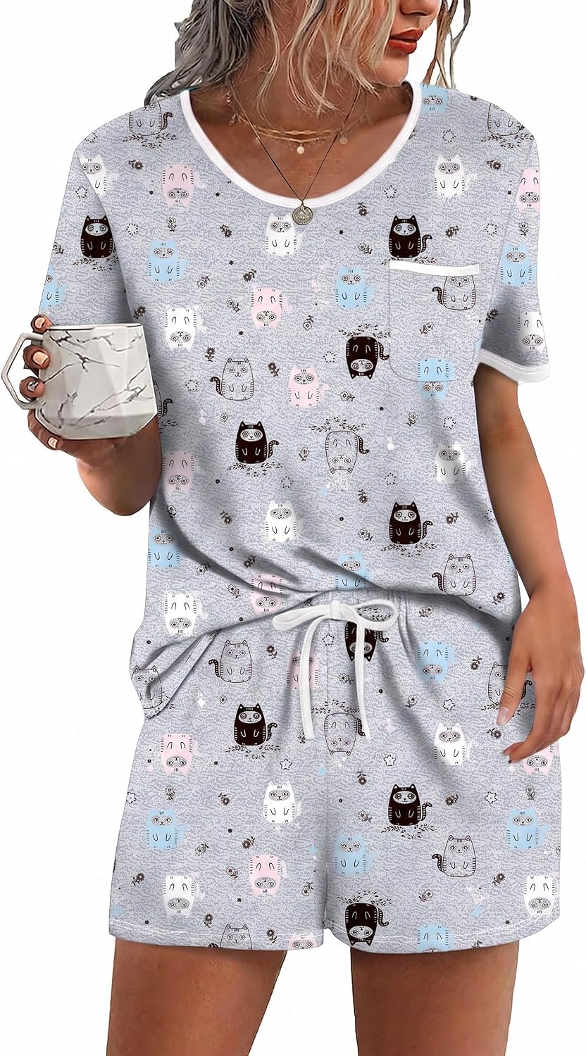 Ekouaer Pajamas for Womens Set 2 Piece Soft Sleepwear, Chest Pocket | Comfy Pjs, Casual Lounge Set, Short Sleeve Tops and Drawstring Shorts, Loungewear for Spring Summer Fall Winter
