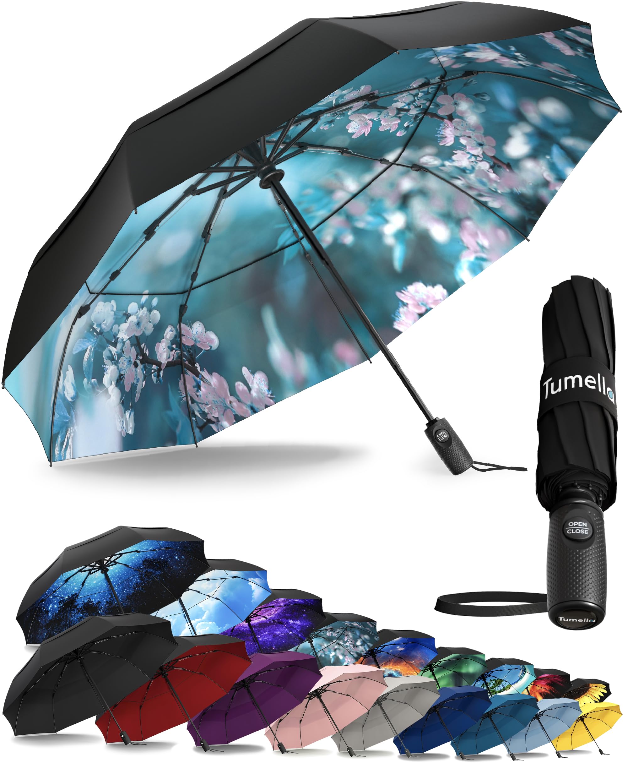 TUMELLA Strongest Windproof Travel Umbrella (Compact, 100MPH Wind-Tested), Light, Portable, One-Handed Use, Automatic Folding Rain Umbrella, Durable, Premium Grip, Fits Car & Backpack