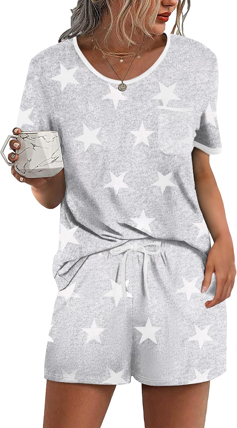 Ekouaer Pajamas for Womens Set 2 Piece Soft Sleepwear, Chest Pocket | Comfy Pjs, Casual Lounge Set, Short Sleeve Tops and Drawstring Shorts, Loungewear for Spring Summer Fall Winter
