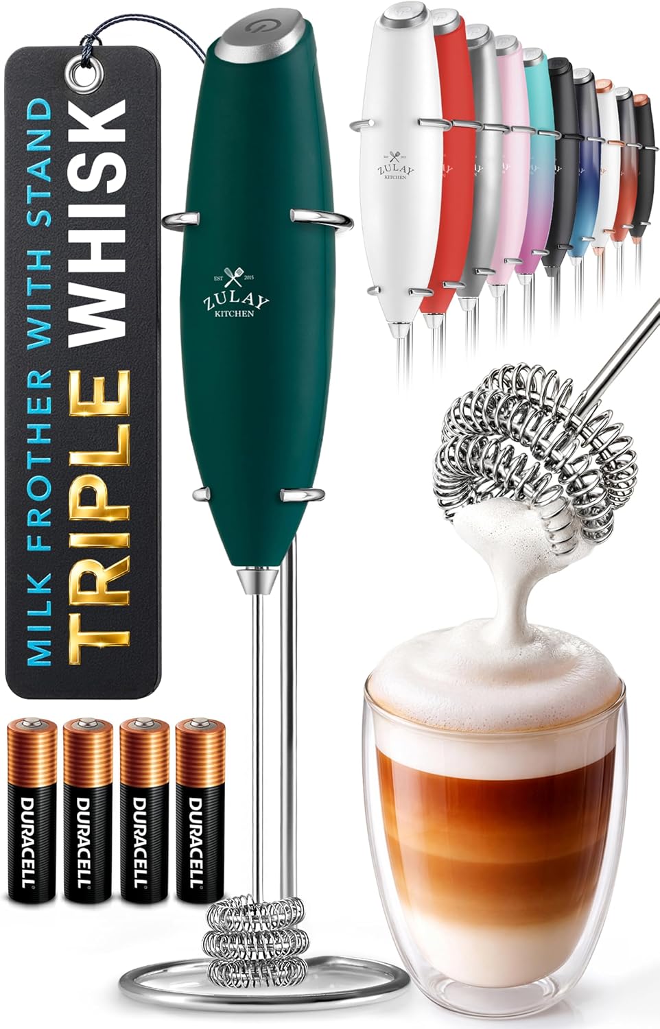 Zulay Kitchen Powerful Milk Frother Wand With Duracell Batteries - Ultra Fast Handheld Drink Mixer - Electric Whisk Foam Maker for Coffee, Lattes, Cappuccino & Matcha - Triple Whisk - Pale Cloud