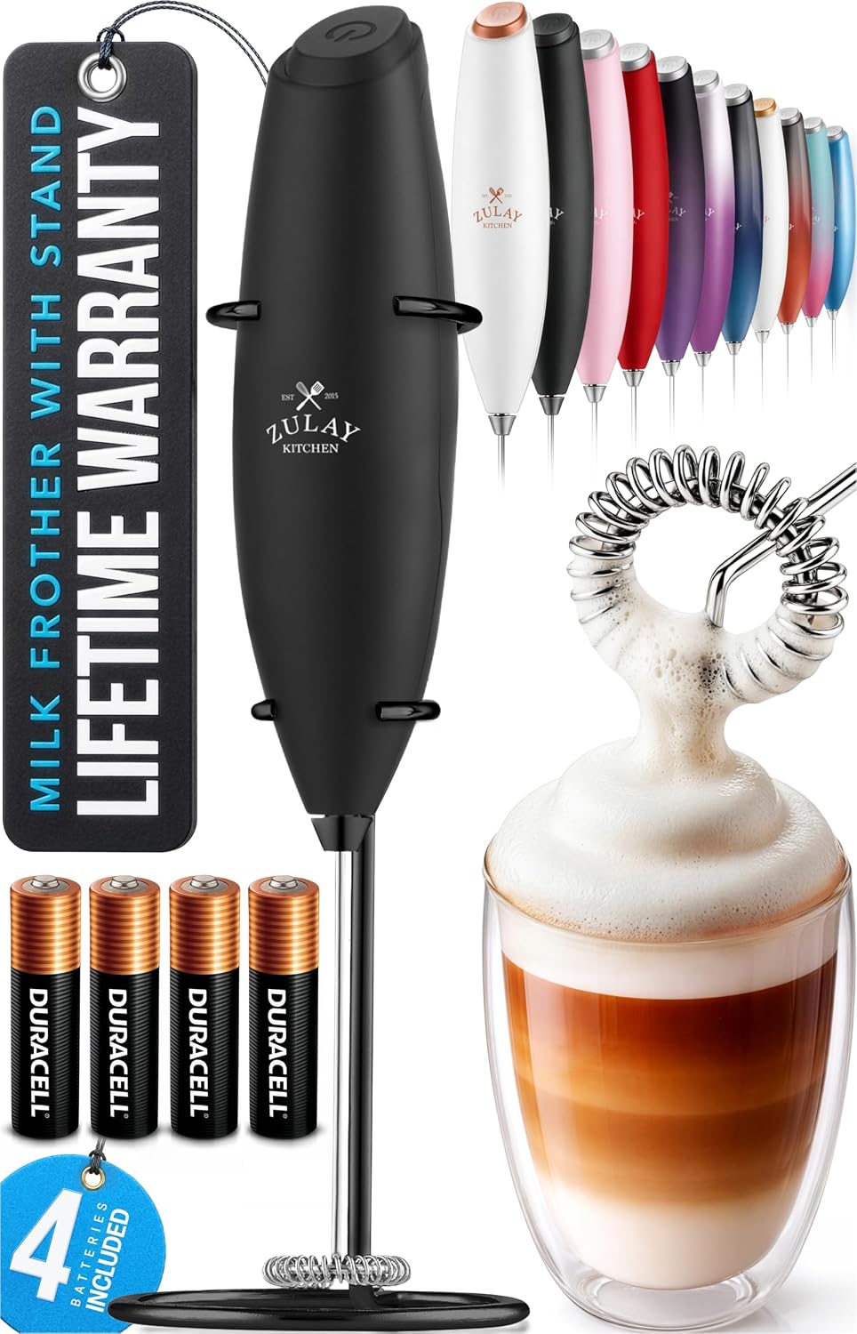 Zulay Kitchen Powerful Milk Frother Wand With Duracell Batteries - Ultra Fast Handheld Drink Mixer - Electric Whisk Foam Maker for Coffee, Lattes, Cappuccino & Matcha - Triple Whisk - Pale Cloud