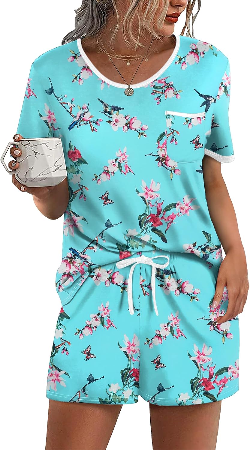 Ekouaer Pajamas for Womens Set 2 Piece Soft Sleepwear, Chest Pocket | Comfy Pjs, Casual Lounge Set, Short Sleeve Tops and Drawstring Shorts, Loungewear for Spring Summer Fall Winter
