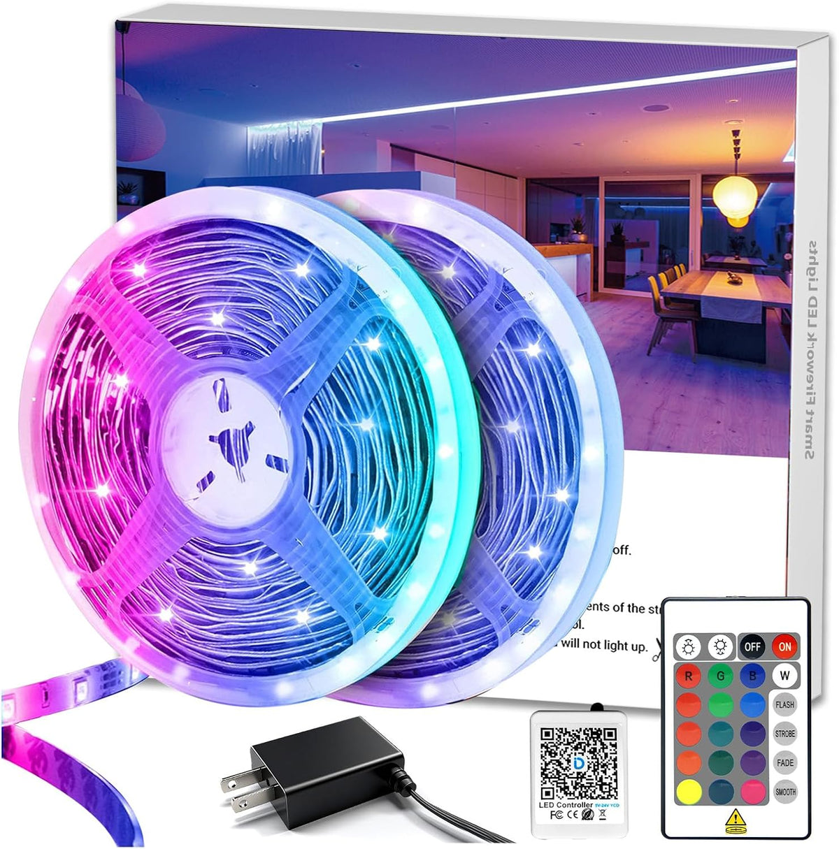 DAYBETTER LED Lights for Bedroom 132ft (2 Rolls of 65.6ft), Music Sync Color Changing Strip Lights with Remote, 24V Power Supply, Classroom Lighting, Room Decor for Teen Girls Boys Birthday Gifts