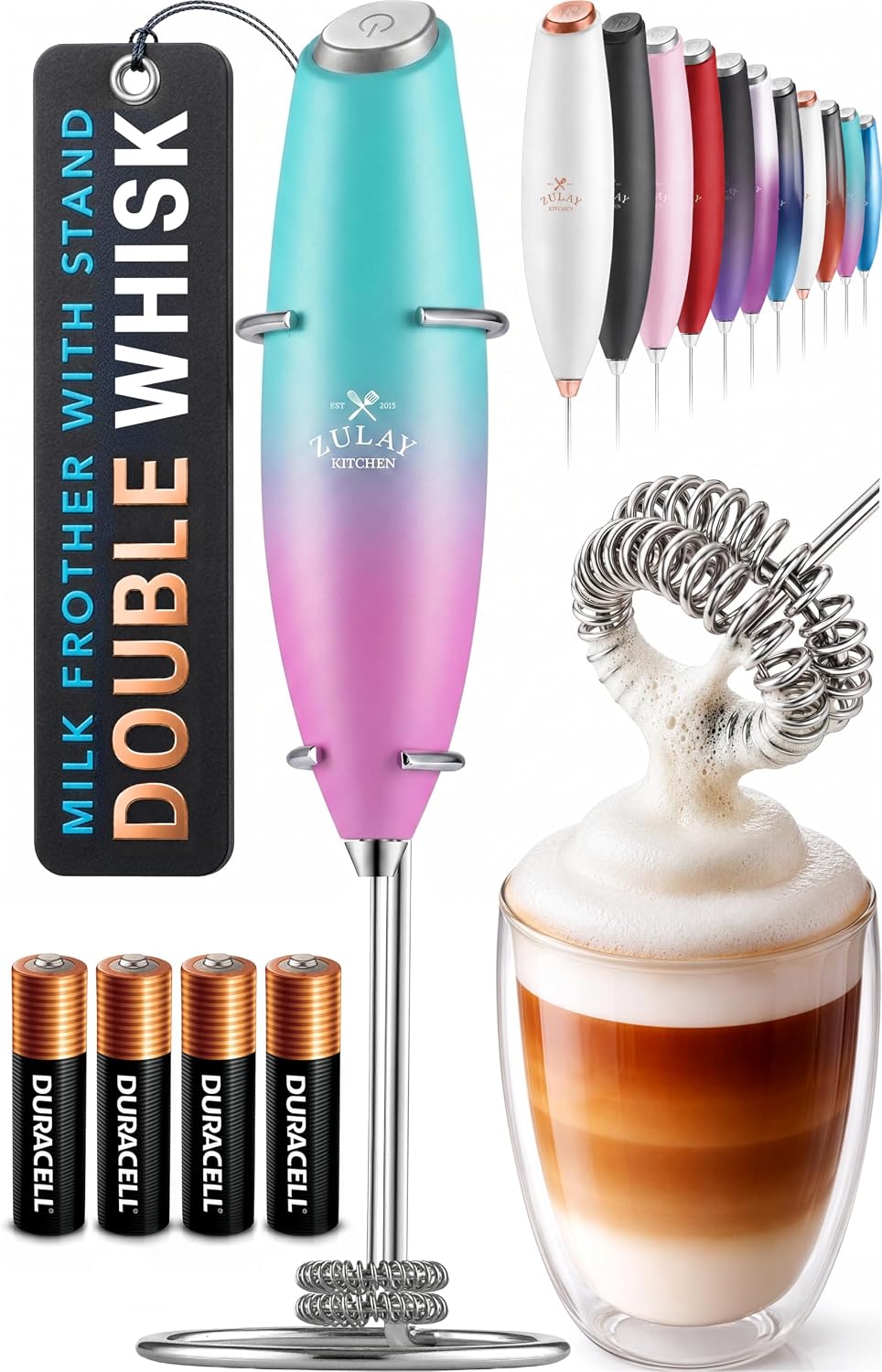 Zulay Kitchen Powerful Milk Frother Wand With Duracell Batteries - Ultra Fast Handheld Drink Mixer - Electric Whisk Foam Maker for Coffee, Lattes, Cappuccino & Matcha - Triple Whisk - Pale Cloud