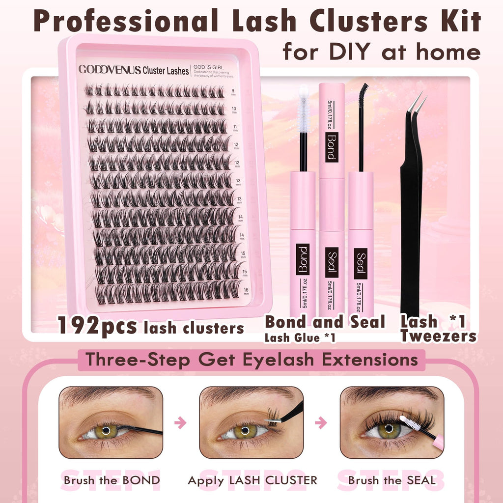 Goddvenus Lash Clusters Kit Wispy Eyelash Clusters Lashes Natural DIY Lash Extension Kit 10-16mm Cluster Eyelash Extensions Kit 300pcs C Curl Individual Lashes Cluster Eyelash (No Tweezers)