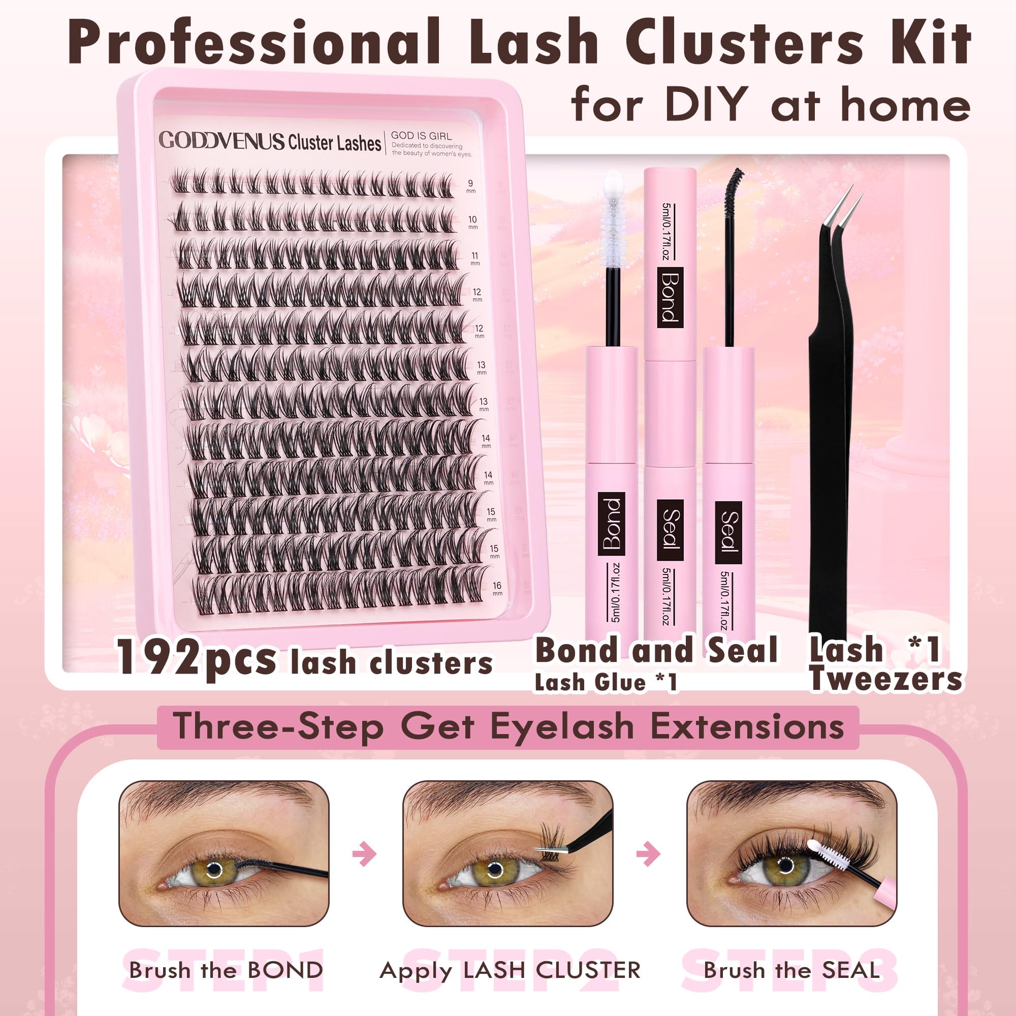 Goddvenus Lash Clusters Kit Wispy Eyelash Clusters Lashes Natural DIY Lash Extension Kit 10-16mm Cluster Eyelash Extensions Kit 300pcs C Curl Individual Lashes Cluster Eyelash (No Tweezers)
