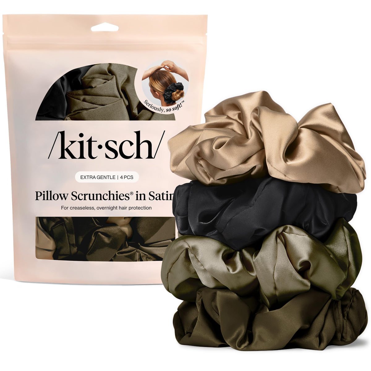 Kitsch Satin Scrunchies for Women | For All Hair Types - Black, 5pcs | Wake Up Frizz-Free, No Crease Hair Ties, Softer Than Silk Scrunchies, Stylish Hair Accessories For All Hair Types