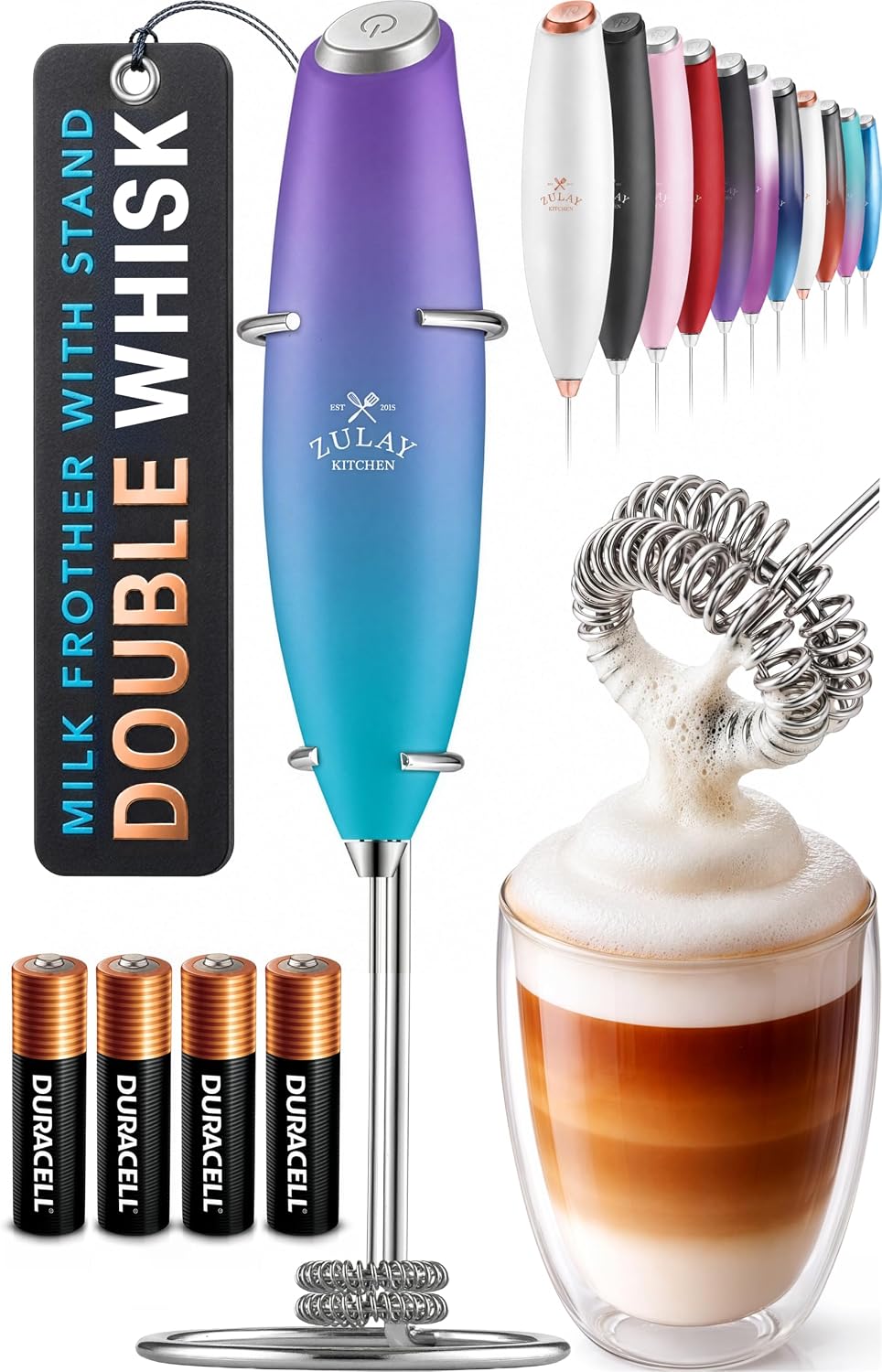 Zulay Kitchen Powerful Milk Frother Wand With Duracell Batteries - Ultra Fast Handheld Drink Mixer - Electric Whisk Foam Maker for Coffee, Lattes, Cappuccino & Matcha - Triple Whisk - Pale Cloud