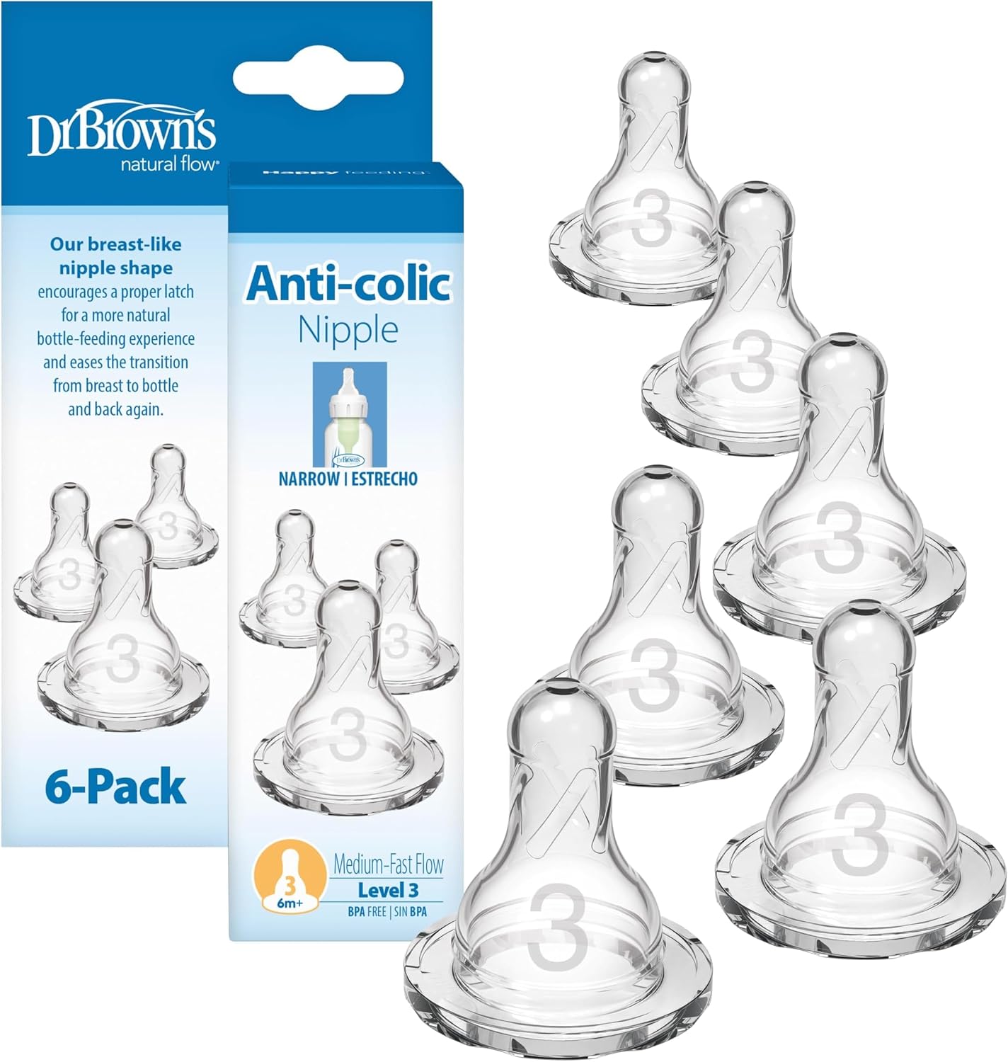 Dr. Brown's Natural Flow Level 3 Narrow Baby Bottle Nipple, Medium-Fast Flow, 6m+, 100% Silicone, 6 Count